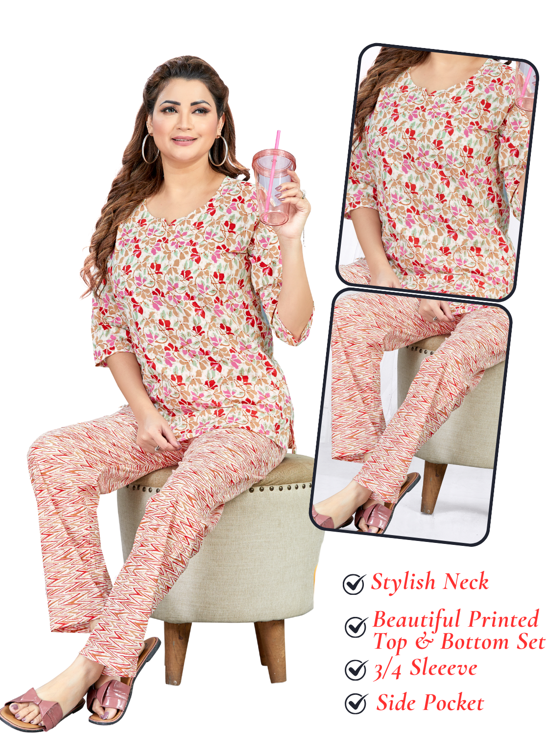 MANGAI Premium Cotton Printed Cambric Night Suits | Stylish Print's All Over | Top & Bottom Set | 3/4 Sleeve | Trendy Night Suits for Stylish Women's (CMNS)