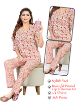 MANGAI Premium Cotton Printed Cambric Night Suits | Stylish Print's All Over | Top & Bottom Set | 3/4 Sleeve | Trendy Night Suits for Stylish Women's (CMNS)