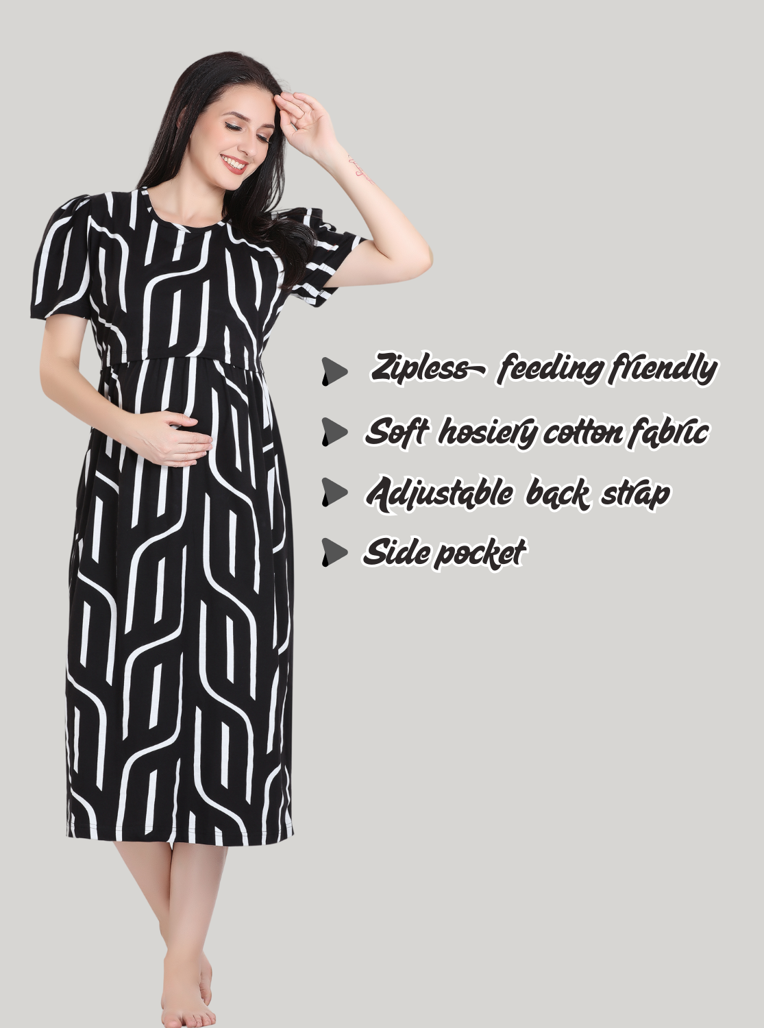 New HOSIERY Cotton Zipless Feeding Wear | Fancy Sleeve with Round Neck | Flap Open Zipless Feeding wear for Pregnancy Women (MMG)