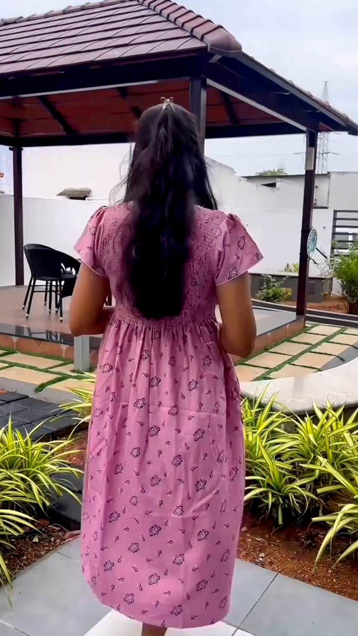 Alpine Smocking Maxi Frock Model Nightgown for Trendy Women's & Teenage Girl's | Stretchable Comfort to Body Fit | Side Pocket & Stylish Round Neck MAXI Gown for Women's Teenage Girl's (ASM)