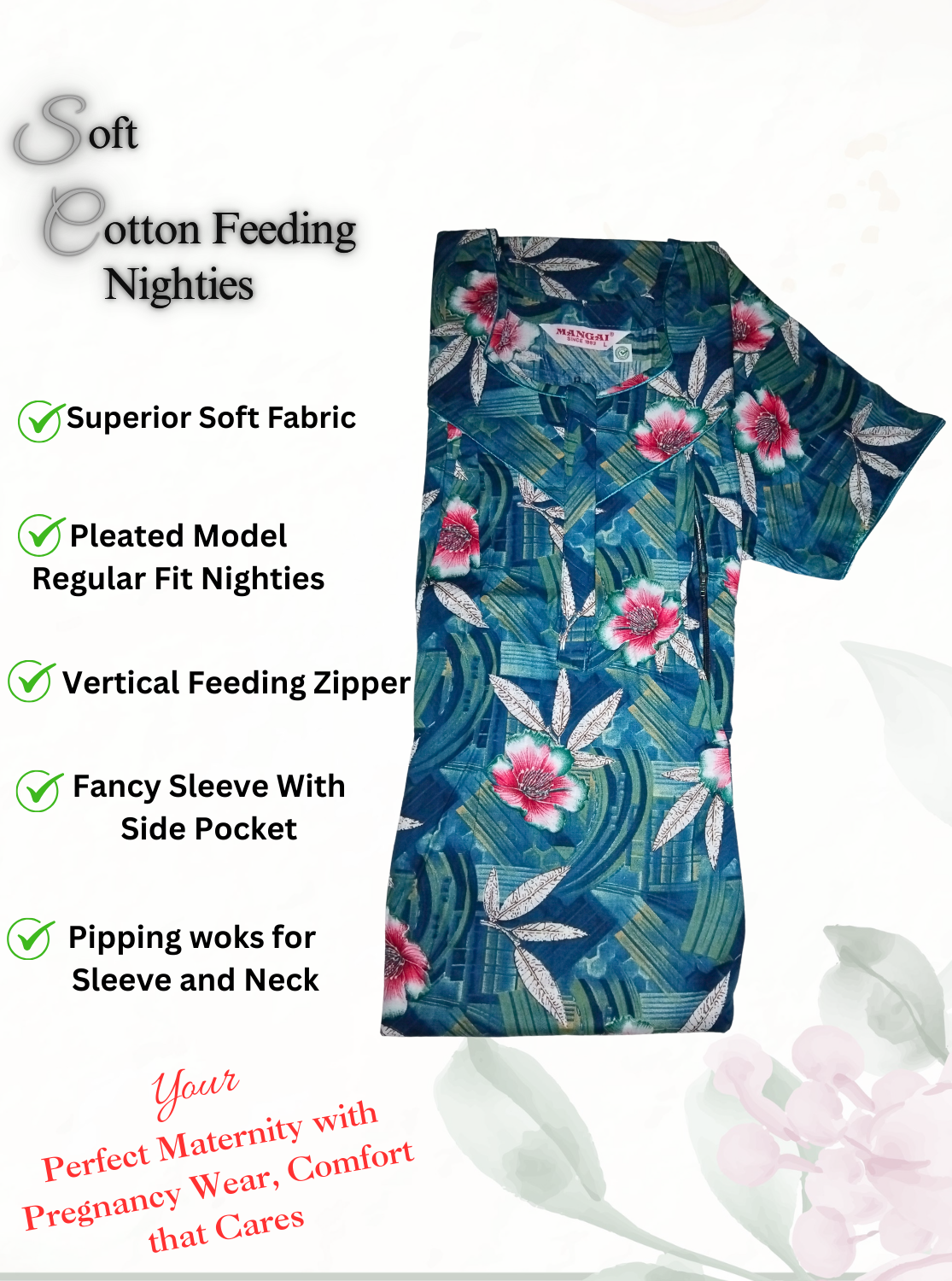 MANGAI Cotton Straight Zip Feeding Nighty |Post Pregnancy | Comfort and Style | Pleated Model | Soft Cotton Feeding Nighties (STF)