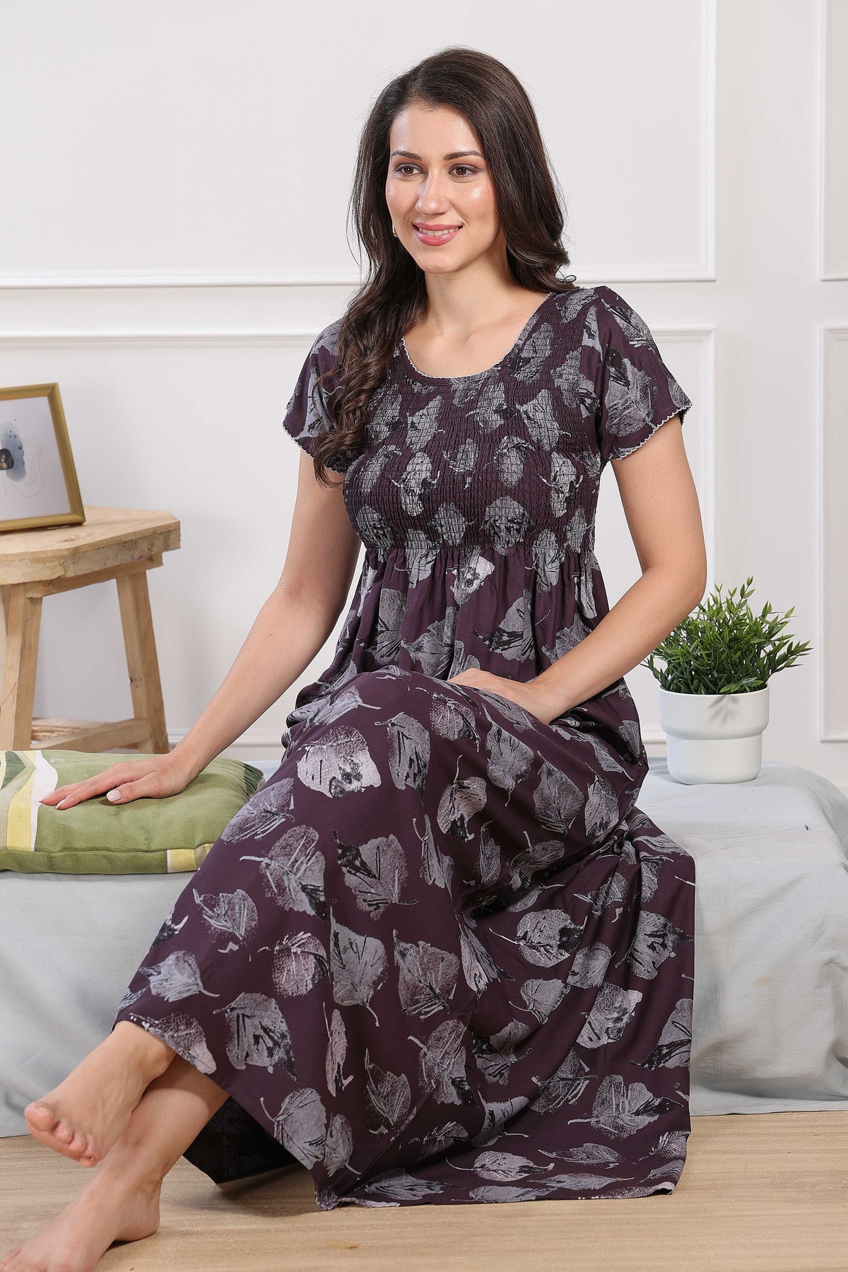 MANGAI Premium RAYON Smocking Nighty | Beautiful Pleated Design | Side Pocket | Stylish Nighty for Trendy Women's | Your Perfect Nightwear Collection's (RYS)