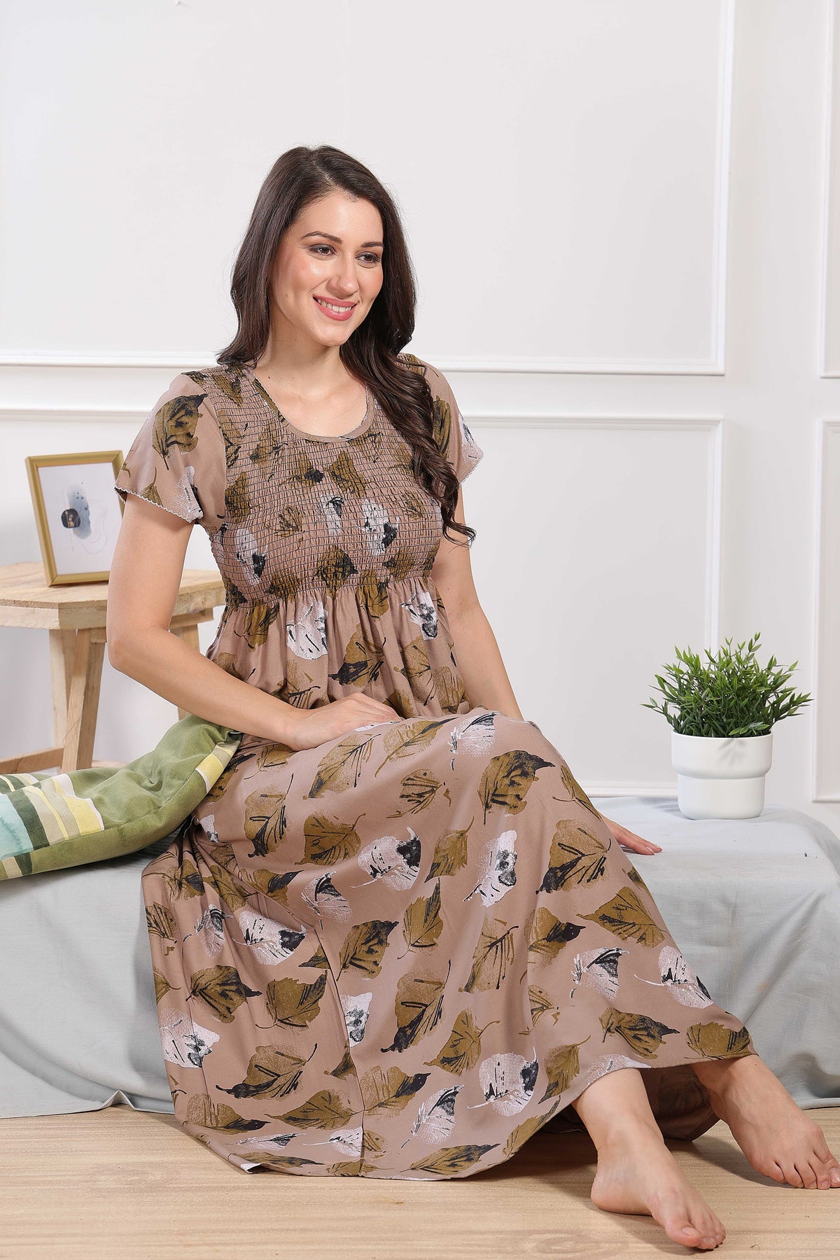 MANGAI Premium RAYON Smocking Nighty | Beautiful Pleated Design | Side Pocket | Stylish Nighty for Trendy Women's | Your Perfect Nightwear Collection's (RYS)