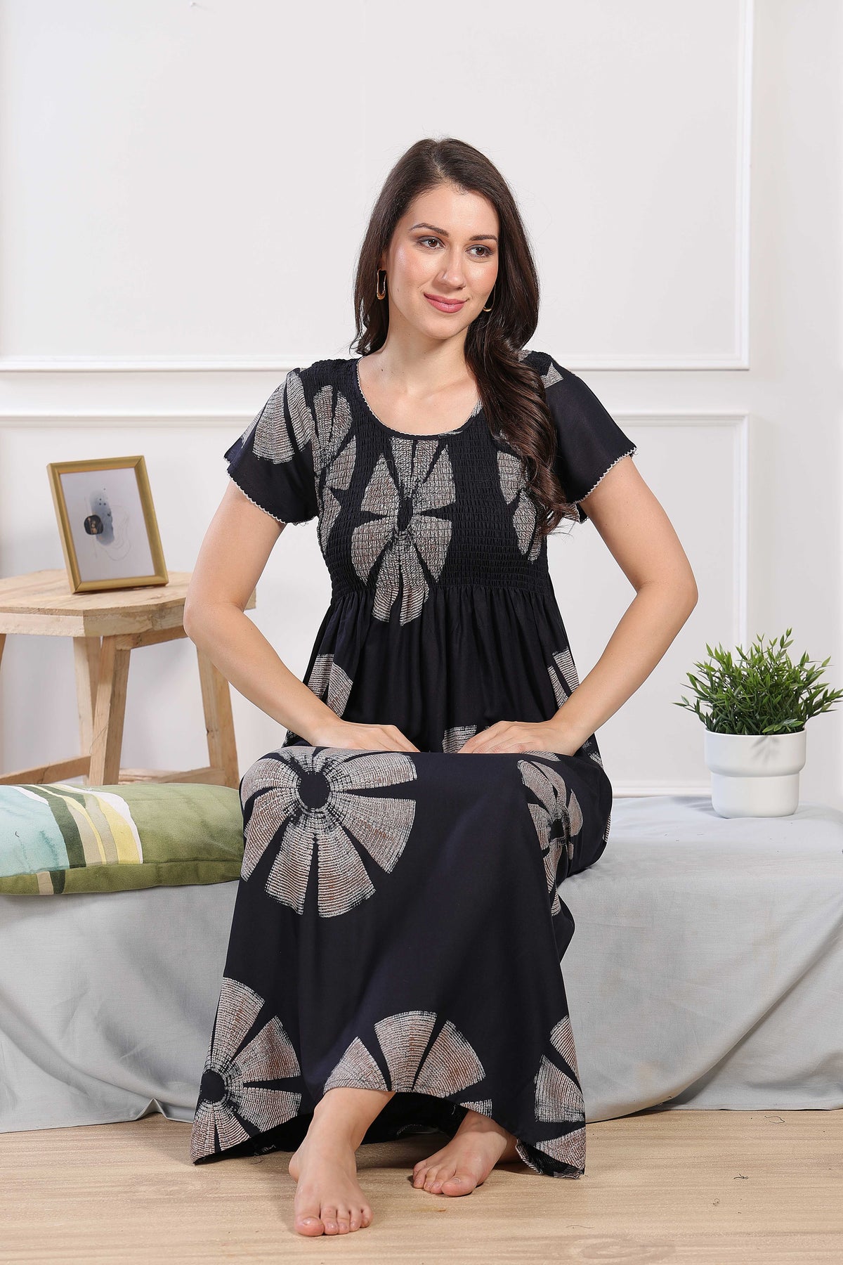 MANGAI Premium RAYON Smocking Nighty | Beautiful Pleated Design | Side Pocket | Stylish Nighty for Trendy Women's | Your Perfect Nightwear Collection's (RYS)