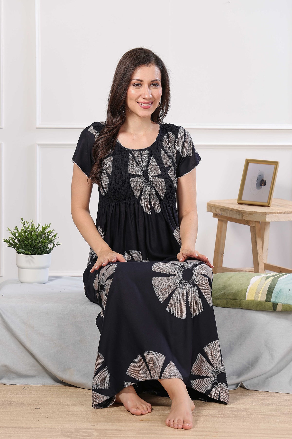 MANGAI Premium RAYON Smocking Nighty | Beautiful Pleated Design | Side Pocket | Stylish Nighty for Trendy Women's | Your Perfect Nightwear Collection's (RYS)