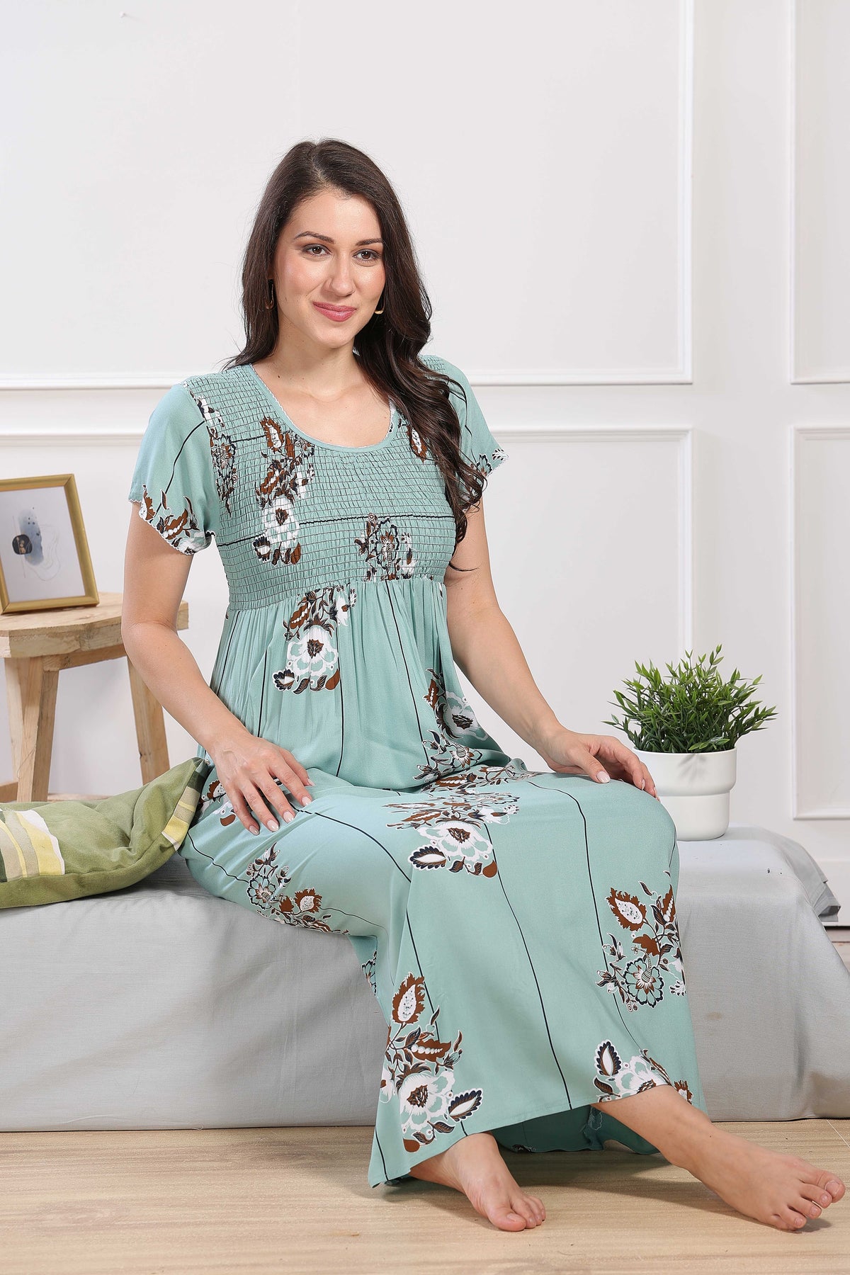 MANGAI Premium RAYON Smocking Nighty | Beautiful Pleated Design | Side Pocket | Stylish Nighty for Trendy Women's | Your Perfect Nightwear Collection's (RYS)