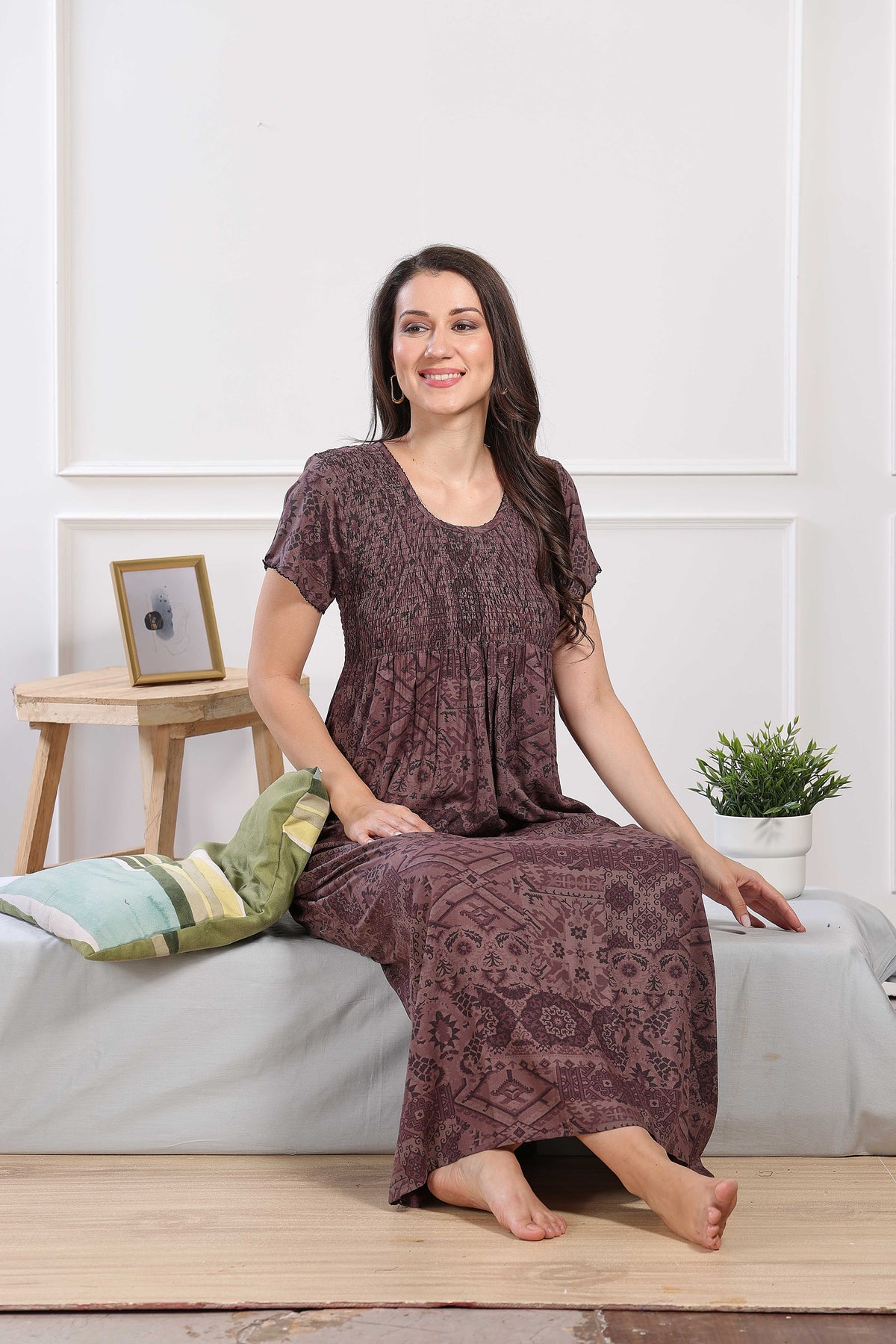 MANGAI Premium RAYON Smocking Nighty | Beautiful Pleated Design | Side Pocket | Stylish Nighty for Trendy Women's | Your Perfect Nightwear Collection's (RYS)