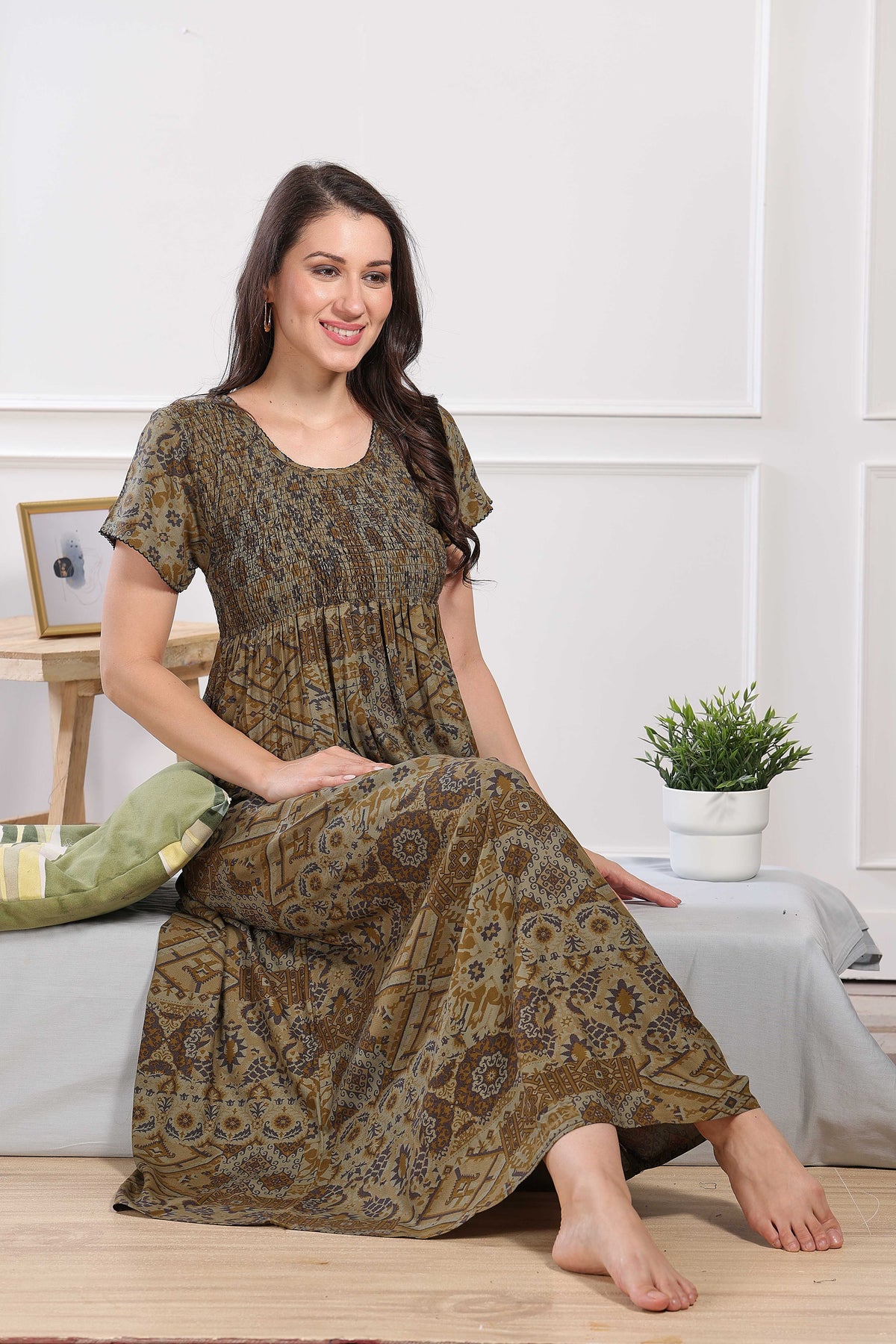 MANGAI Premium RAYON Smocking Nighty | Beautiful Pleated Design | Side Pocket | Stylish Nighty for Trendy Women's | Your Perfect Nightwear Collection's (RYS)