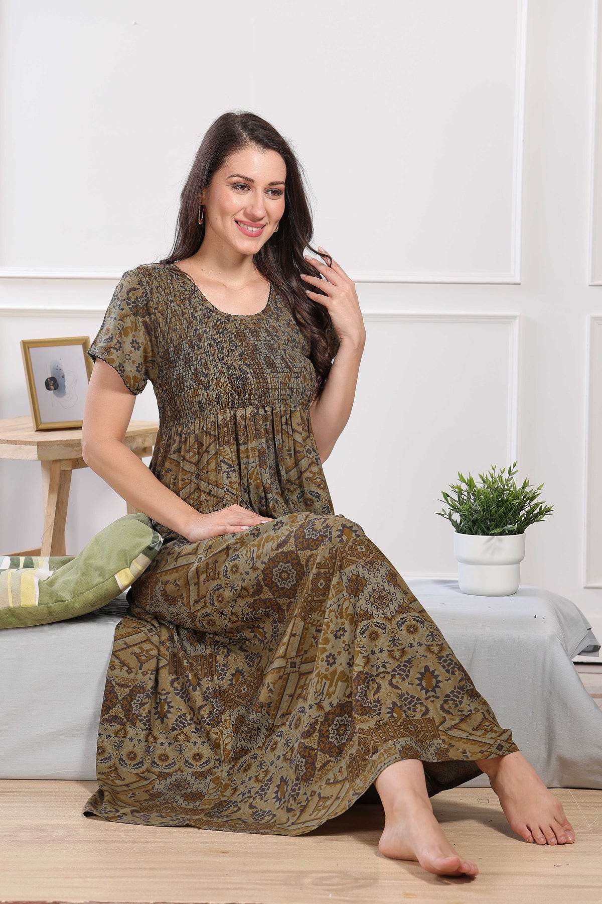 MANGAI Premium RAYON Smocking Nighty | Beautiful Pleated Design | Side Pocket | Stylish Nighty for Trendy Women's | Your Perfect Nightwear Collection's (RYS)