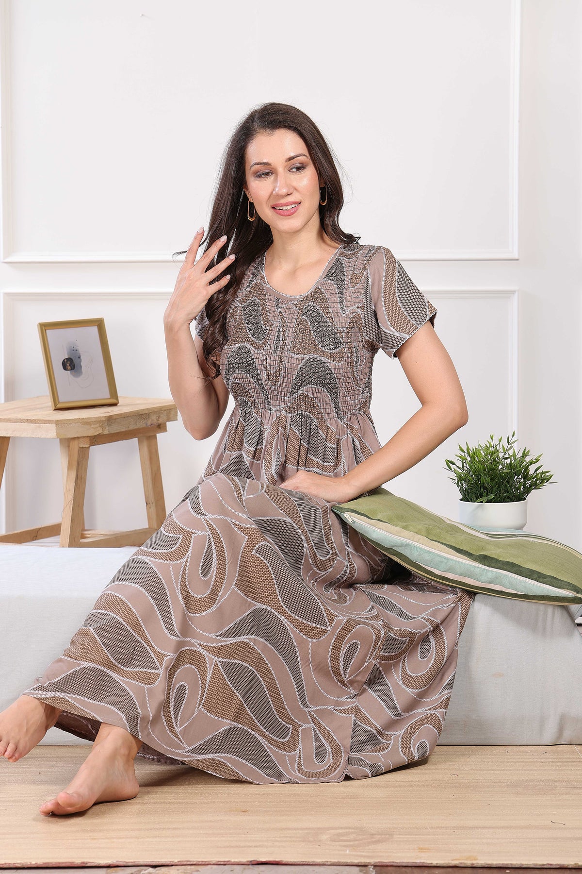 MANGAI Premium RAYON Smocking Nighty | Beautiful Pleated Design | Side Pocket | Stylish Nighty for Trendy Women's | Your Perfect Nightwear Collection's (RYS)