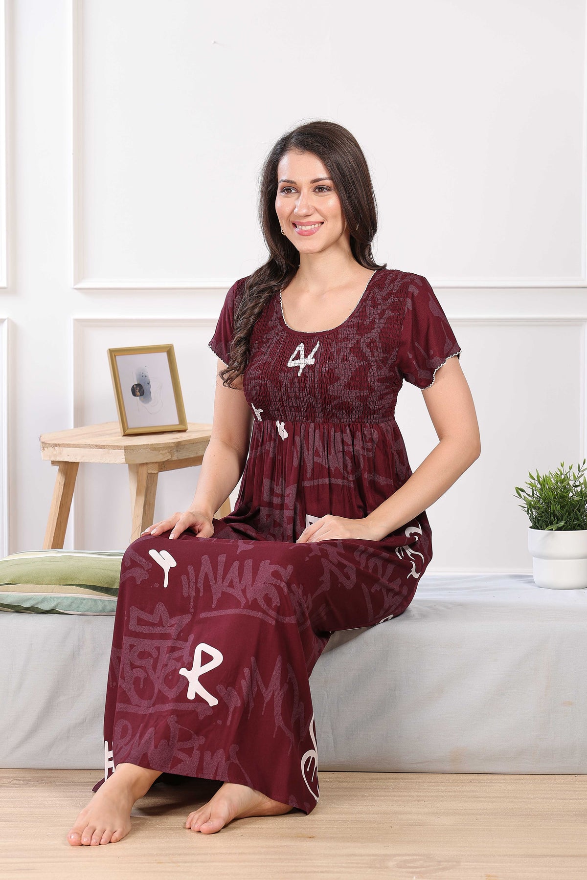 MANGAI Premium RAYON Smocking Nighty | Beautiful Pleated Design | Side Pocket | Stylish Nighty for Trendy Women's | Your Perfect Nightwear Collection's (RYS)