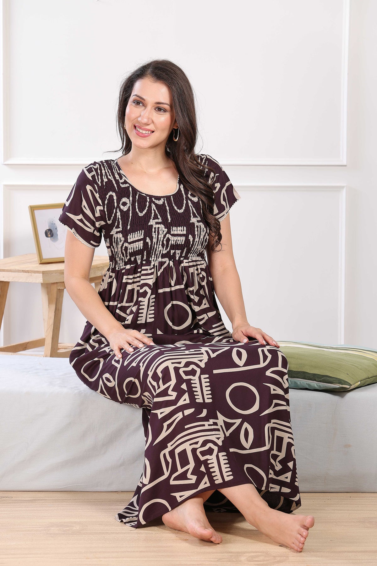 MANGAI Premium RAYON Smocking Nighty | Beautiful Pleated Design | Side Pocket | Stylish Nighty for Trendy Women's | Your Perfect Nightwear Collection's (RYS)