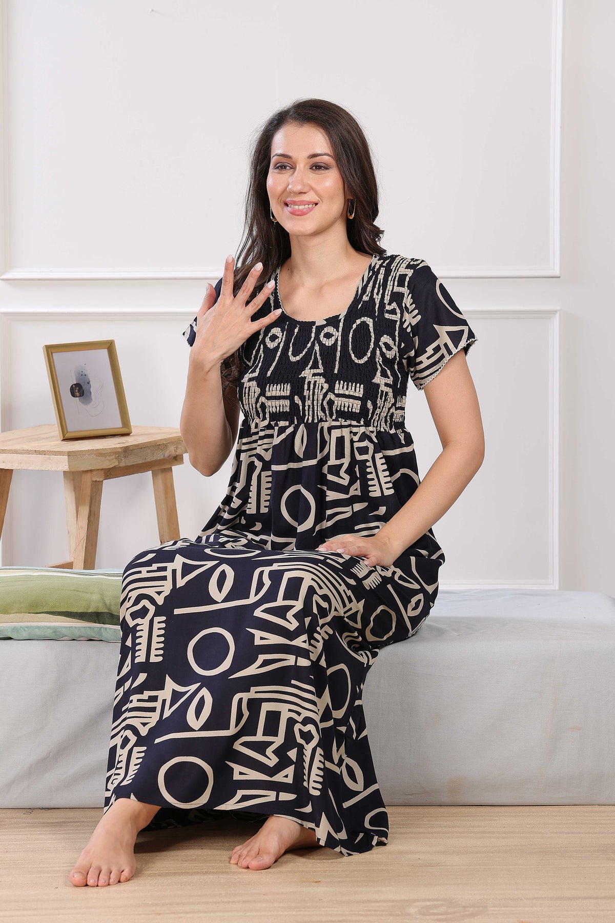 MANGAI Premium RAYON Smocking Nighty | Beautiful Pleated Design | Side Pocket | Stylish Nighty for Trendy Women's | Your Perfect Nightwear Collection's (RYS)