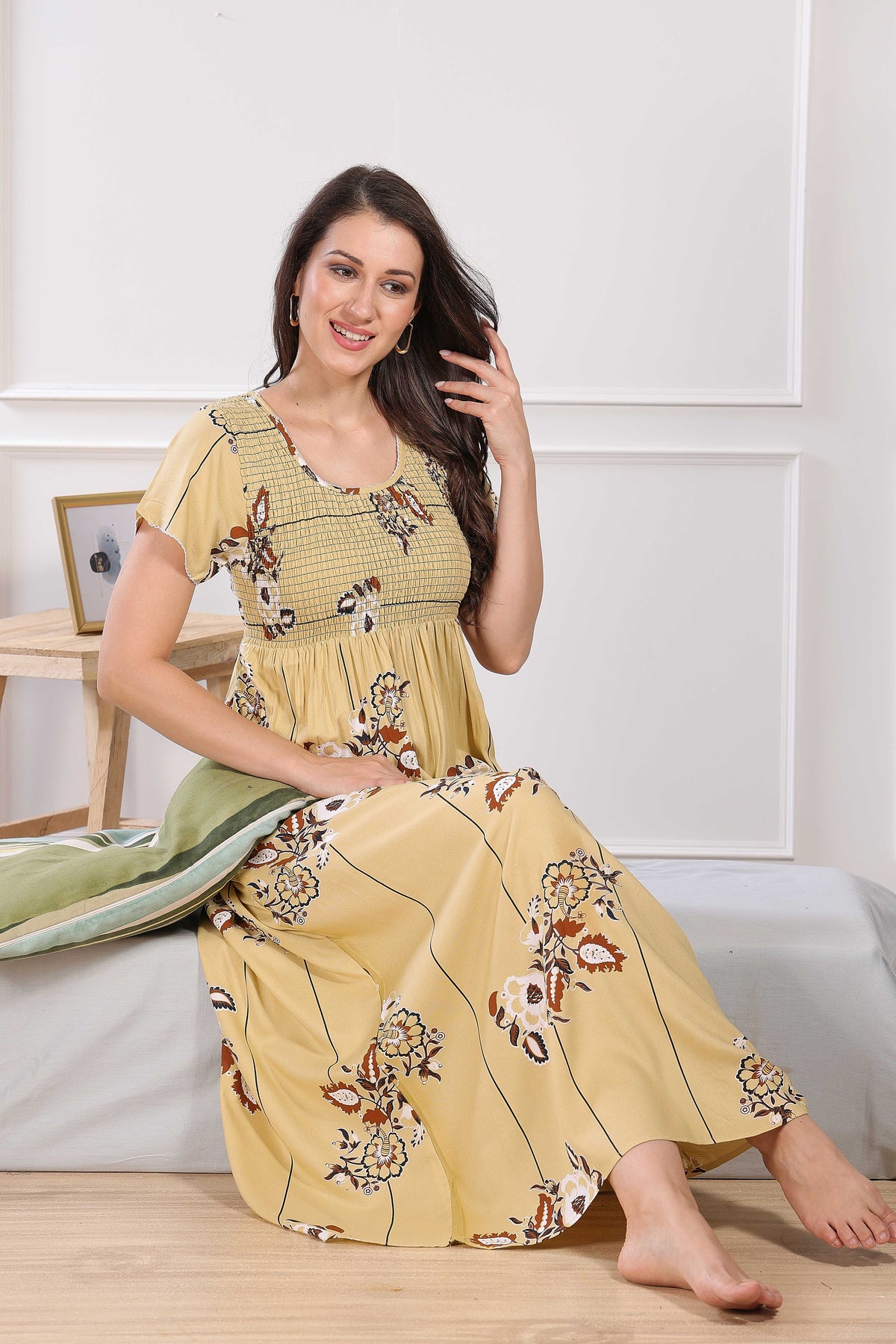 MANGAI Premium RAYON Smocking Nighty | Beautiful Pleated Design | Side Pocket | Stylish Nighty for Trendy Women's | Your Perfect Nightwear Collection's (RYS)