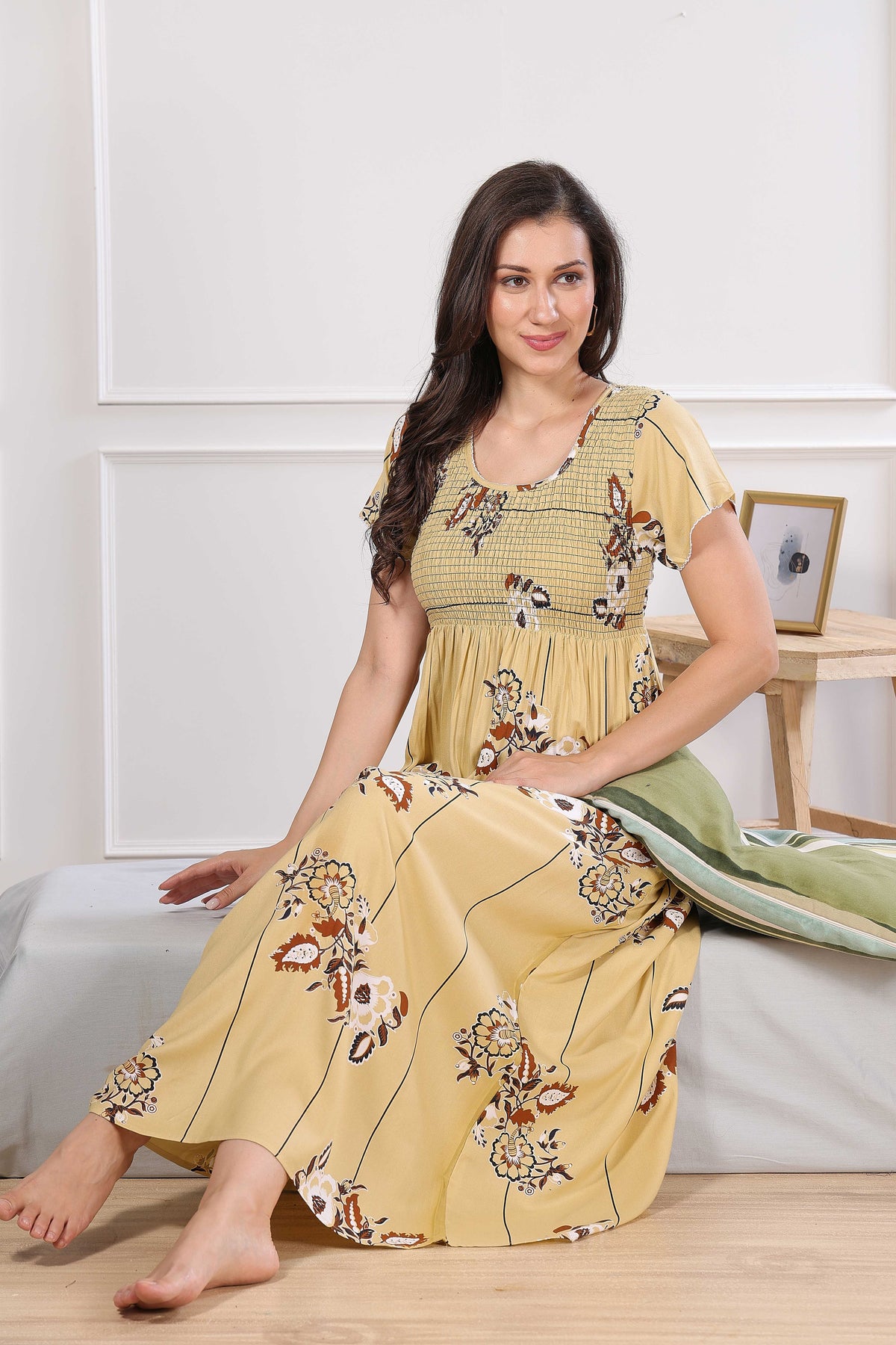 MANGAI Premium RAYON Smocking Nighty | Beautiful Pleated Design | Side Pocket | Stylish Nighty for Trendy Women's | Your Perfect Nightwear Collection's (RYS)