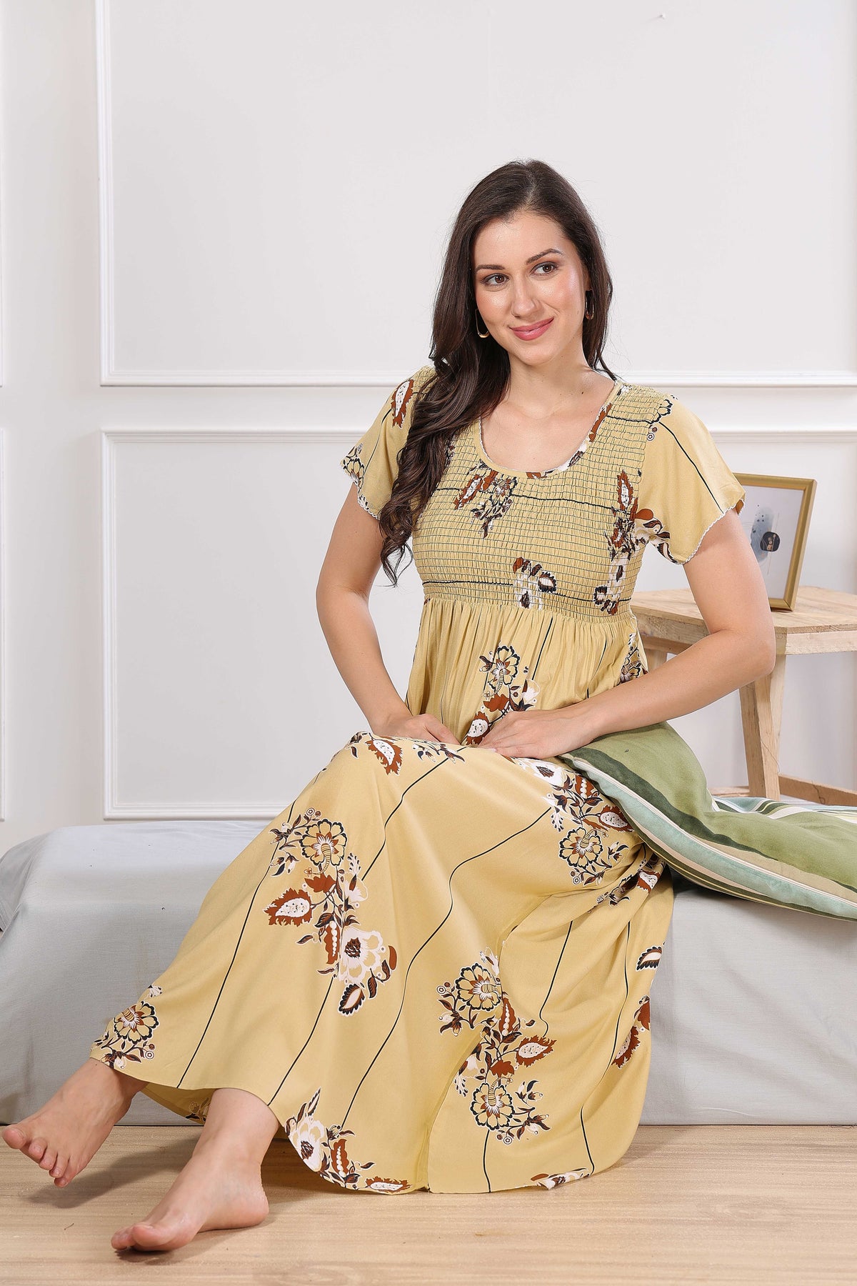 MANGAI Premium RAYON Smocking Nighty | Beautiful Pleated Design | Side Pocket | Stylish Nighty for Trendy Women's | Your Perfect Nightwear Collection's (RYS)