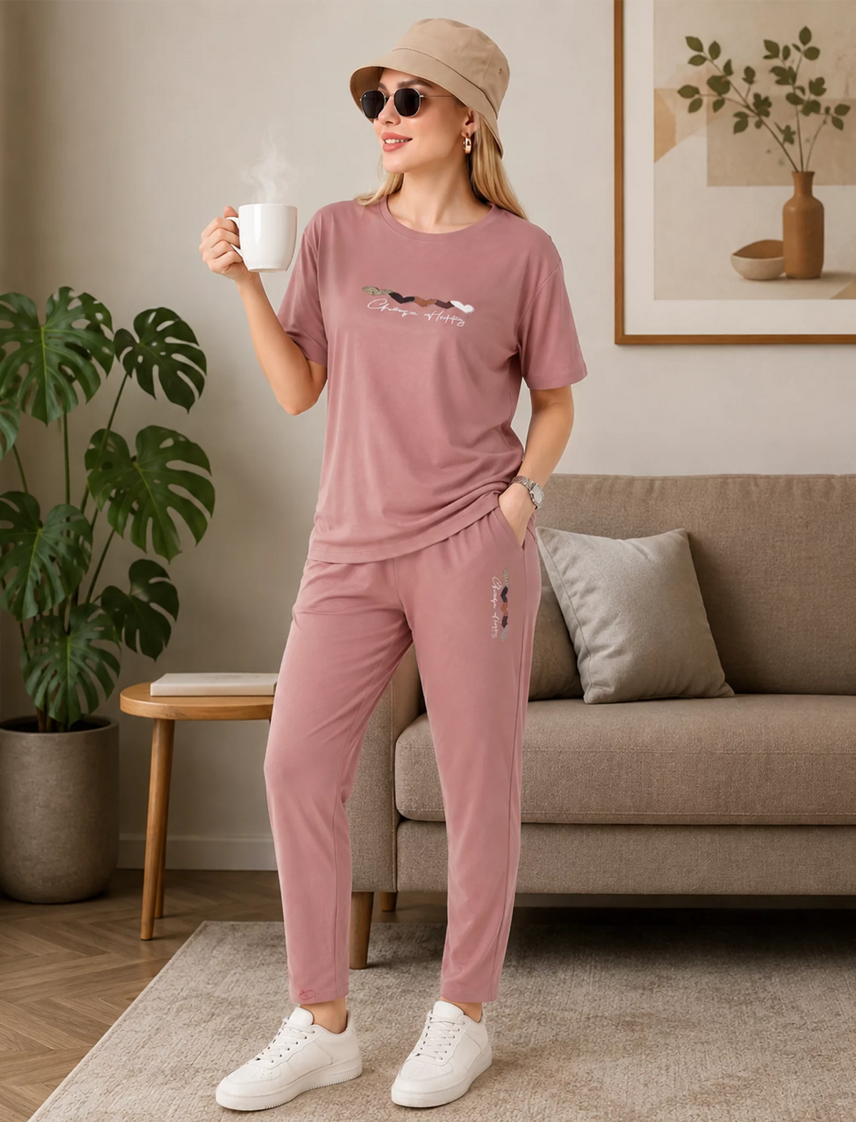 Trendy Rose Pink Tencel Lounge Set for Women - Mangai Nighties