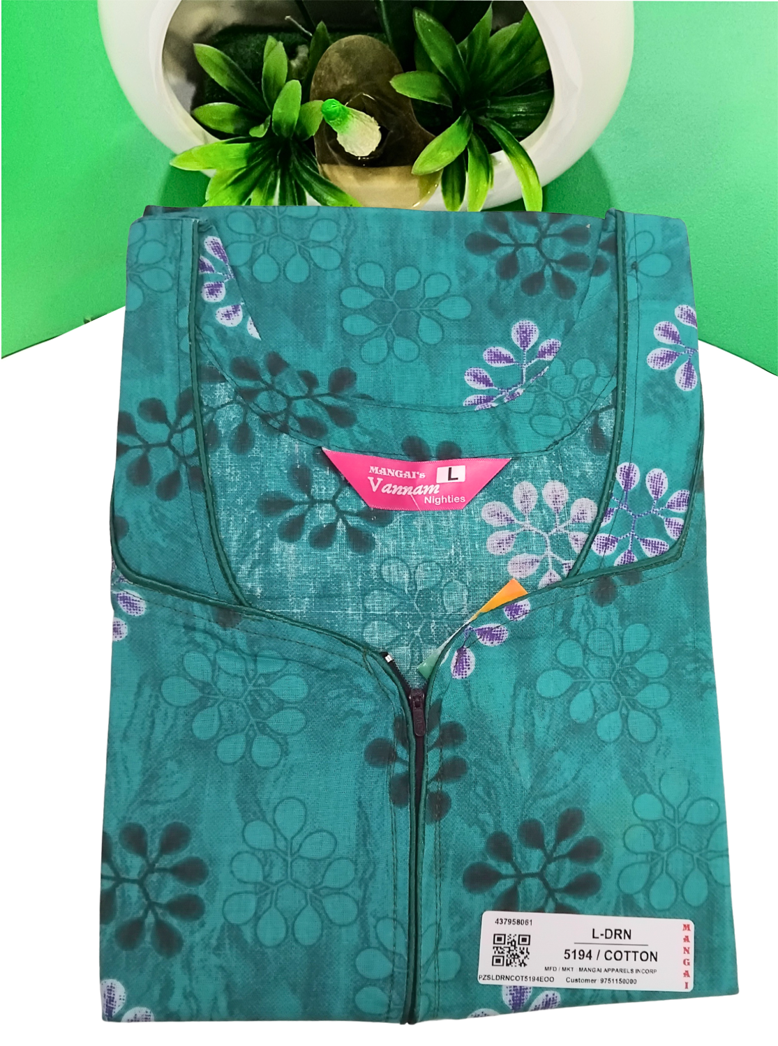 MANGAI Daily Wear Casual Comfort Fit Cotton Printed Nighties | Front Open Zipper Model | Fancy Round Neck with Side Pocket Cotton Nighties (DRN)