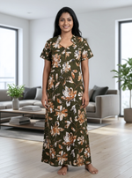 MANGAI Regular Cotton Printed Nighty for Women | Collar Neck Full Length Nighty with Front Zipper & Side Pocket | Half Sleeve Comfort Fit House Wear (ATR)