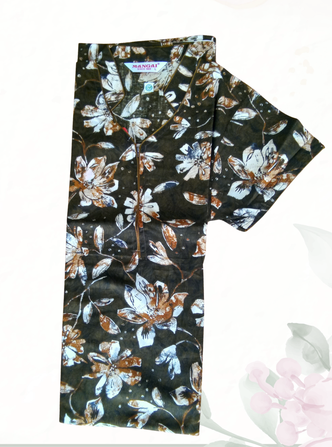 MANGAI Regular Cotton Printed Nighty for Women | Collar Neck Full Length Nighty with Front Zipper & Side Pocket | Half Sleeve Comfort Fit House Wear (ATR)
