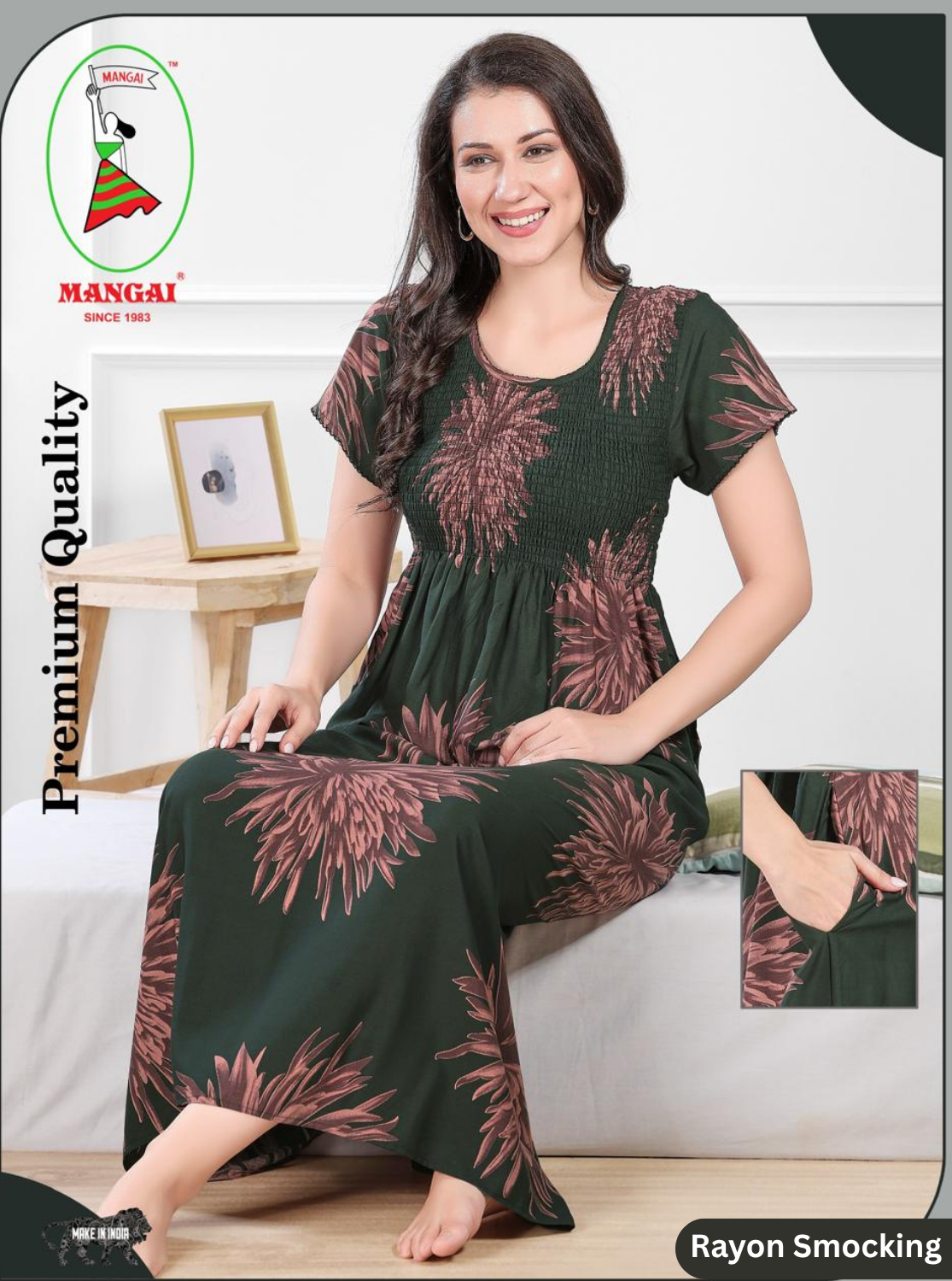MANGAI Premium RAYON Smocking Nighty | Beautiful Pleated Design | Side Pocket | Stylish Nighty for Trendy Women's | Your Perfect Nightwear Collection's (RYS)