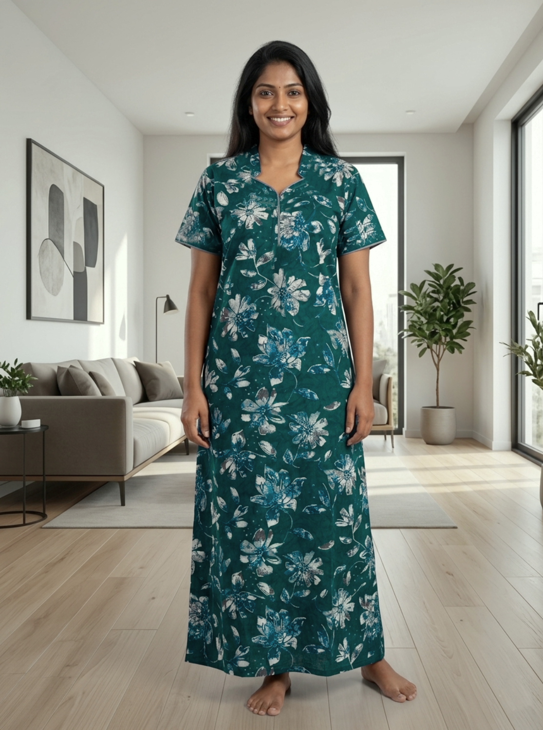MANGAI Regular Cotton Printed Nighty for Women | Collar Neck Full Length Nighty with Front Zipper & Side Pocket | Half Sleeve Comfort Fit House Wear (ATR)