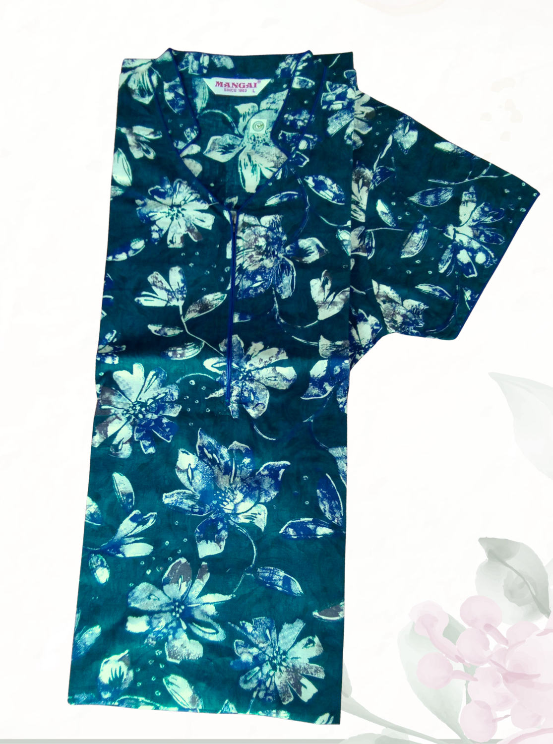 MANGAI Regular Cotton Printed Nighty for Women | Collar Neck Full Length Nighty with Front Zipper & Side Pocket | Half Sleeve Comfort Fit House Wear (ATR)