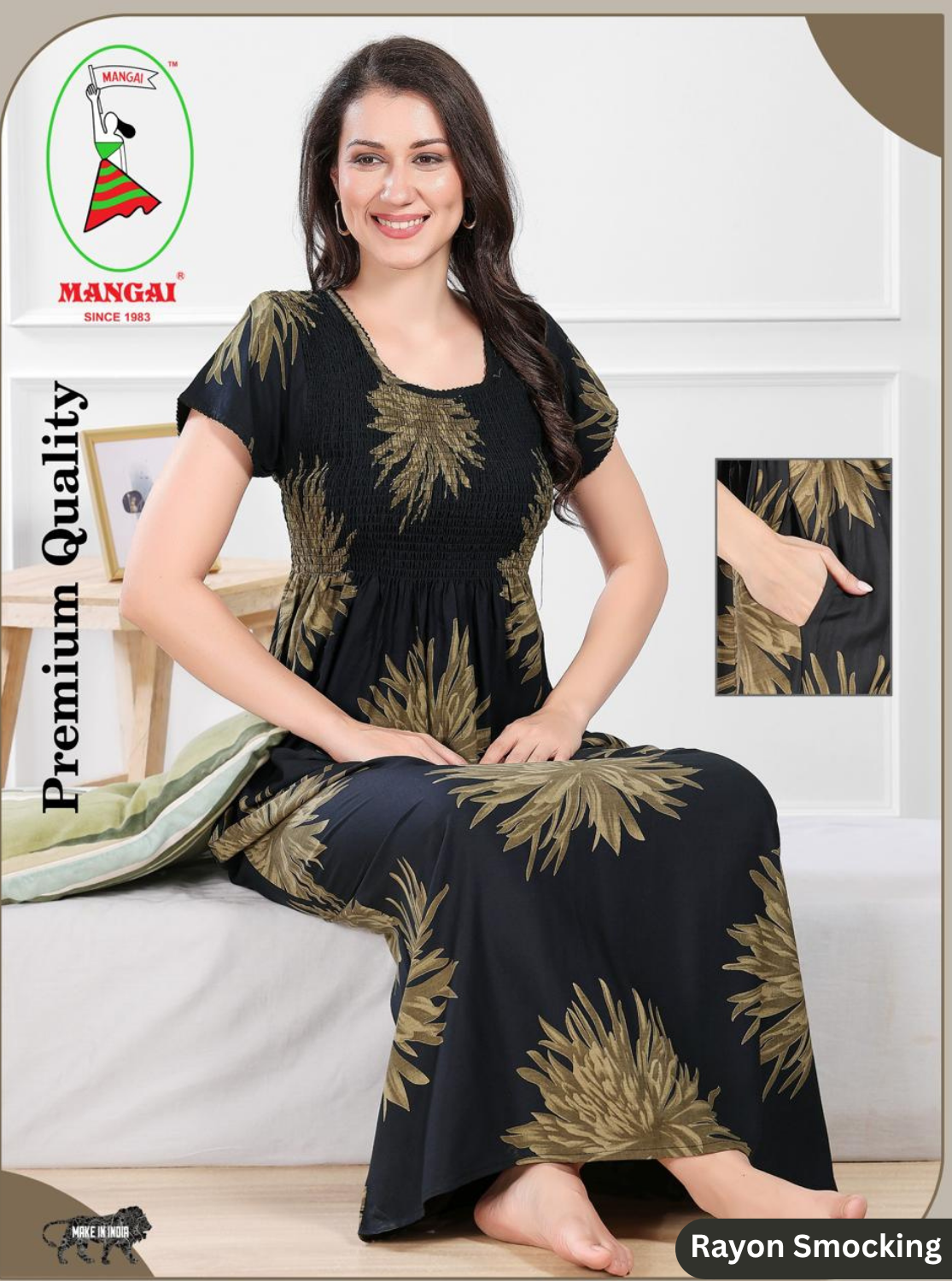 MANGAI Premium RAYON Smocking Nighty | Beautiful Pleated Design | Side Pocket | Stylish Nighty for Trendy Women's | Your Perfect Nightwear Collection's (RYS)