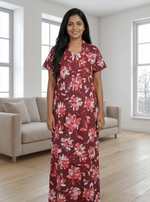 MANGAI Regular Cotton Printed Nighty for Women | Collar Neck Full Length Nighty with Front Zipper & Side Pocket | Half Sleeve Comfort Fit House Wear (ATR)