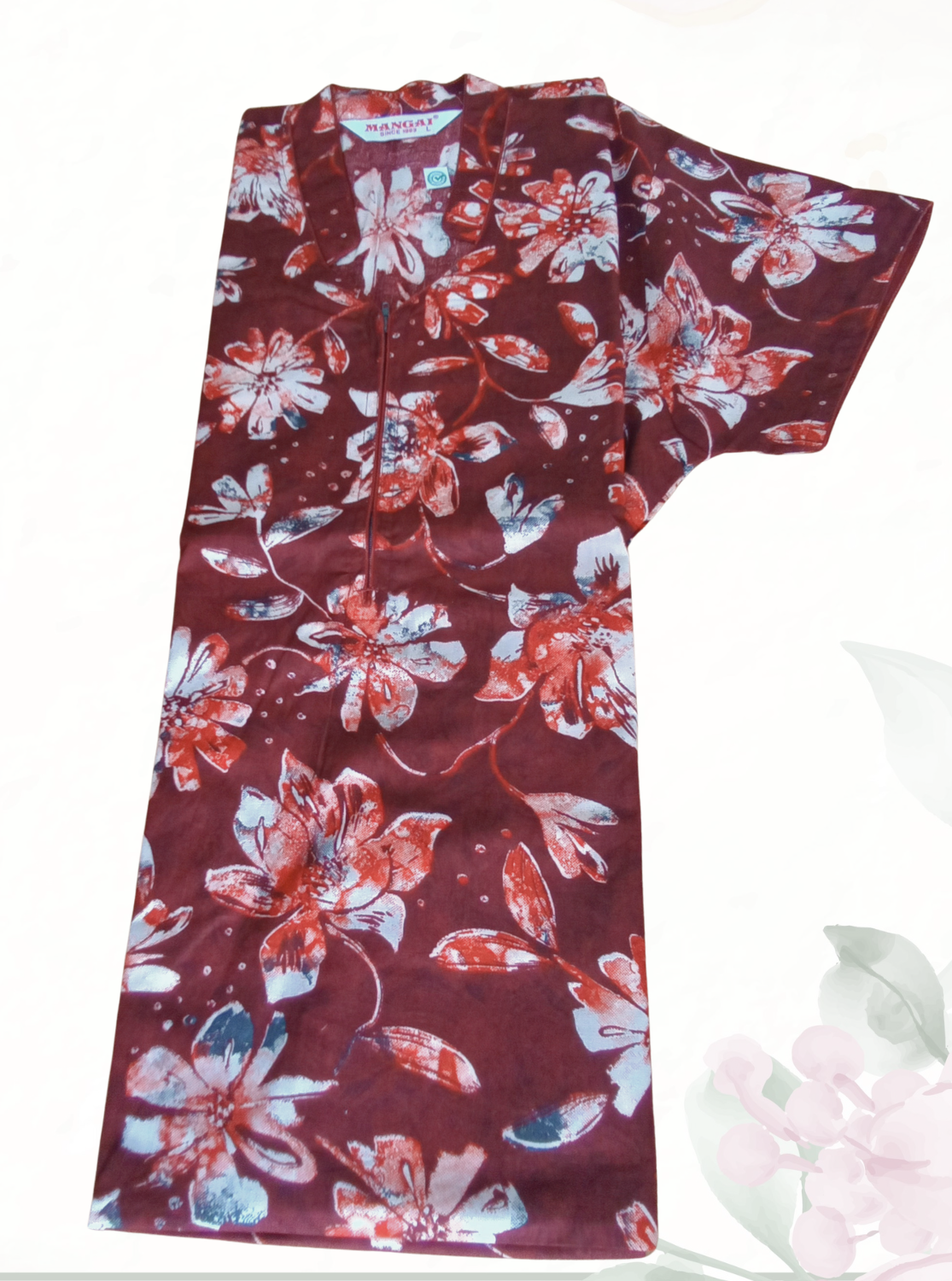 MANGAI Regular Cotton Printed Nighty for Women | Collar Neck Full Length Nighty with Front Zipper & Side Pocket | Half Sleeve Comfort Fit House Wear (ATR)