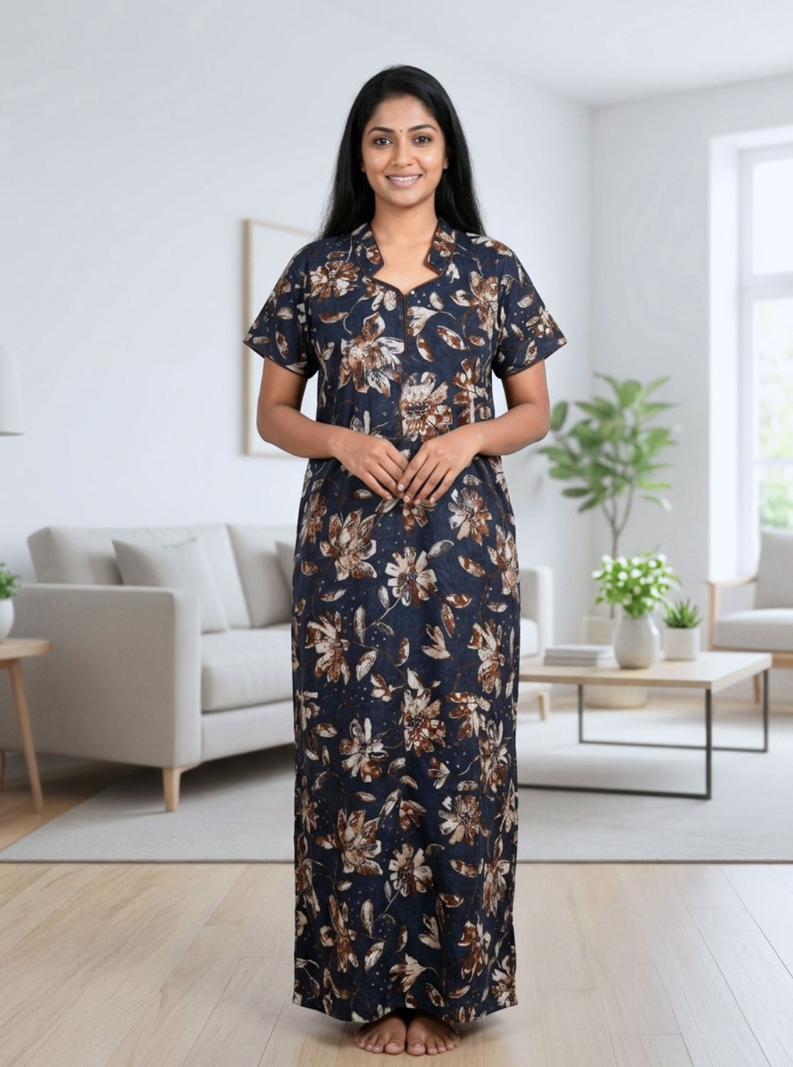 MANGAI Regular Cotton Printed Nighty for Women | Collar Neck Full Length Nighty with Front Zipper & Side Pocket | Half Sleeve Comfort Fit House Wear (ATR)