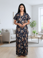 MANGAI Regular Cotton Printed Nighty for Women | Collar Neck Full Length Nighty with Front Zipper & Side Pocket | Half Sleeve Comfort Fit House Wear (ATR)