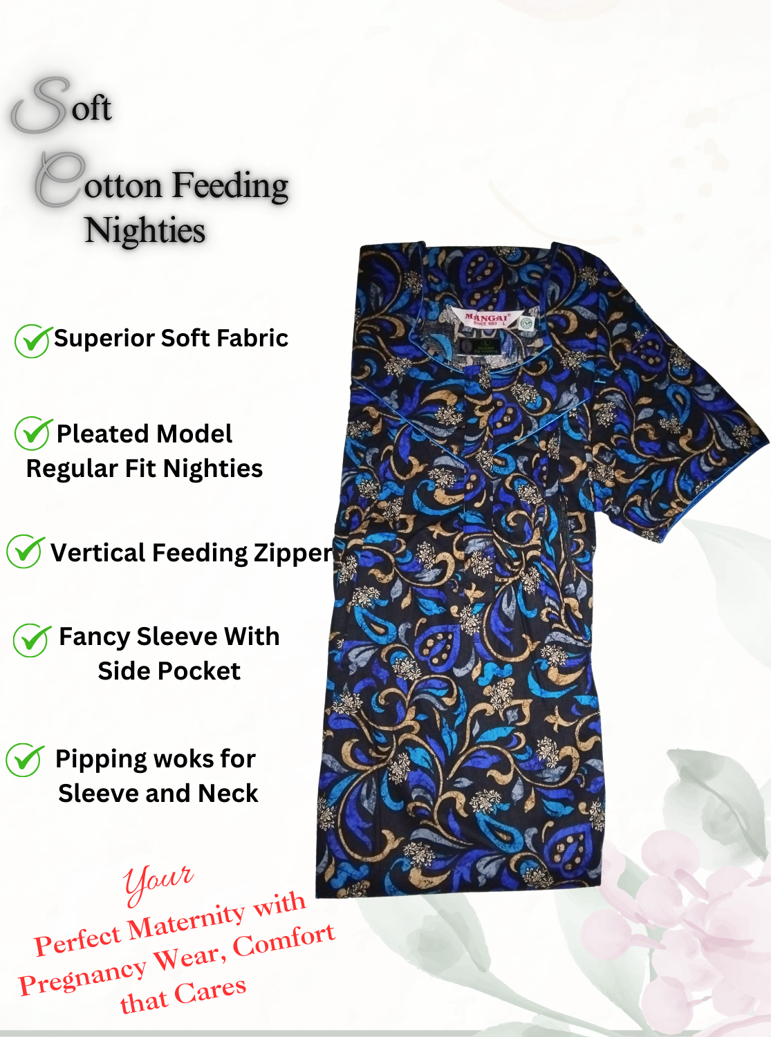 MANGAI Cotton Straight Zip Feeding Nighty |Post Pregnancy | Comfort and Style | Pleated Model | Soft Cotton Feeding Nighties (STF)