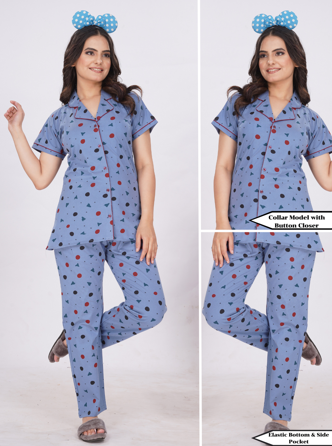 MANGAI Stylish HOSIERY Collar Night Suits | Stylish Print's All Over | Top & Bottom Set | Half Sleeve | Trendy Night Suits for Stylish Women's (HCPS)