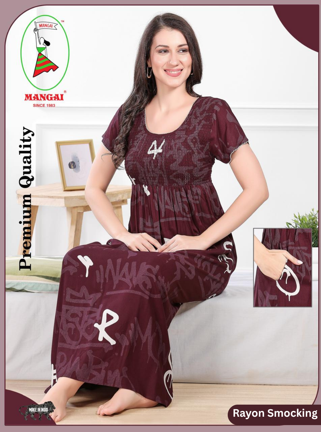 MANGAI Premium RAYON Smocking Nighty | Beautiful Pleated Design | Side Pocket | Stylish Nighty for Trendy Women's | Your Perfect Nightwear Collection's (RYS)