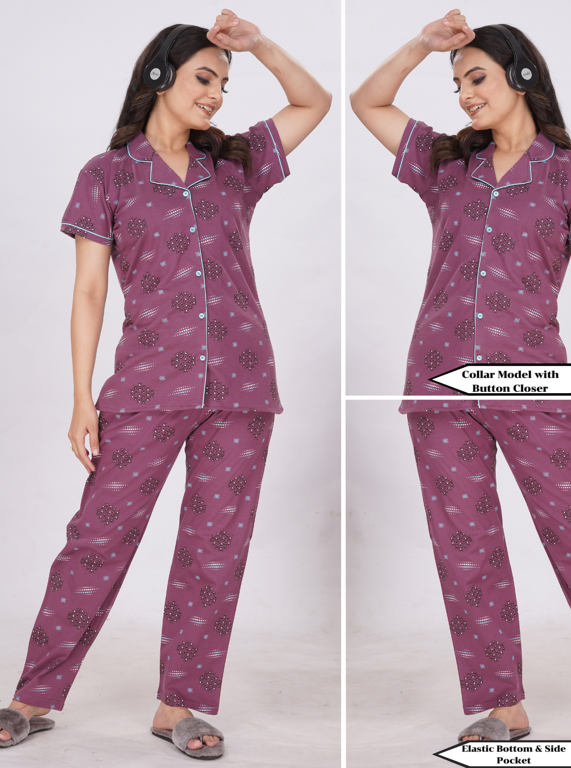 MANGAI Stylish HOSIERY Collar Night Suits | Stylish Print's All Over | Top & Bottom Set | Half Sleeve | Trendy Night Suits for Stylish Women's (HCPS)