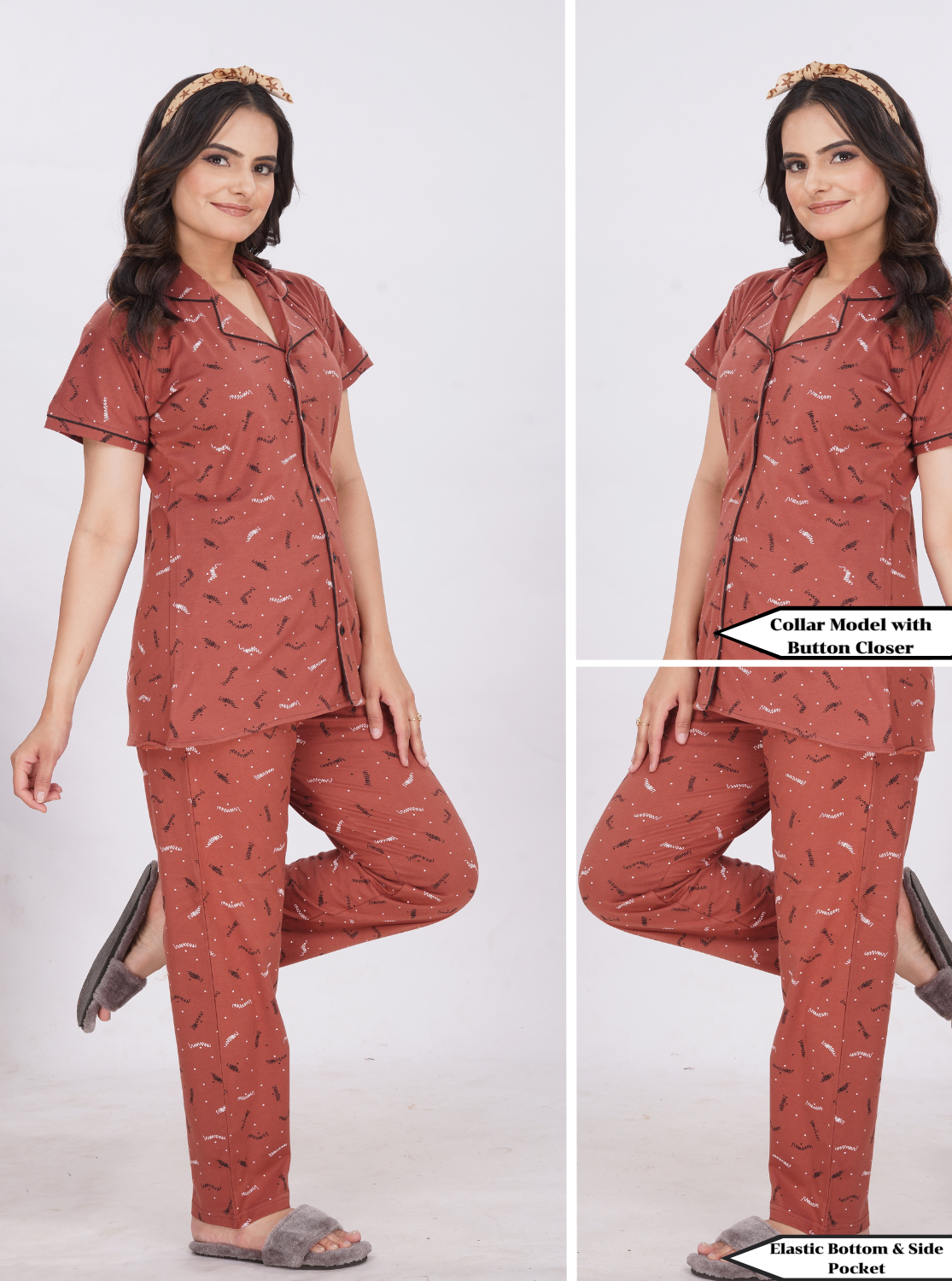 MANGAI Stylish HOSIERY Collar Night Suits | Stylish Print's All Over | Top & Bottom Set | Half Sleeve | Trendy Night Suits for Stylish Women's (HCPS)