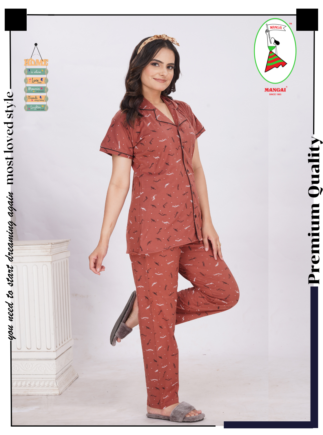 MANGAI Stylish HOSIERY Collar Night Suits | Stylish Print's All Over | Top & Bottom Set | Half Sleeve | Trendy Night Suits for Stylish Women's (HCPS)