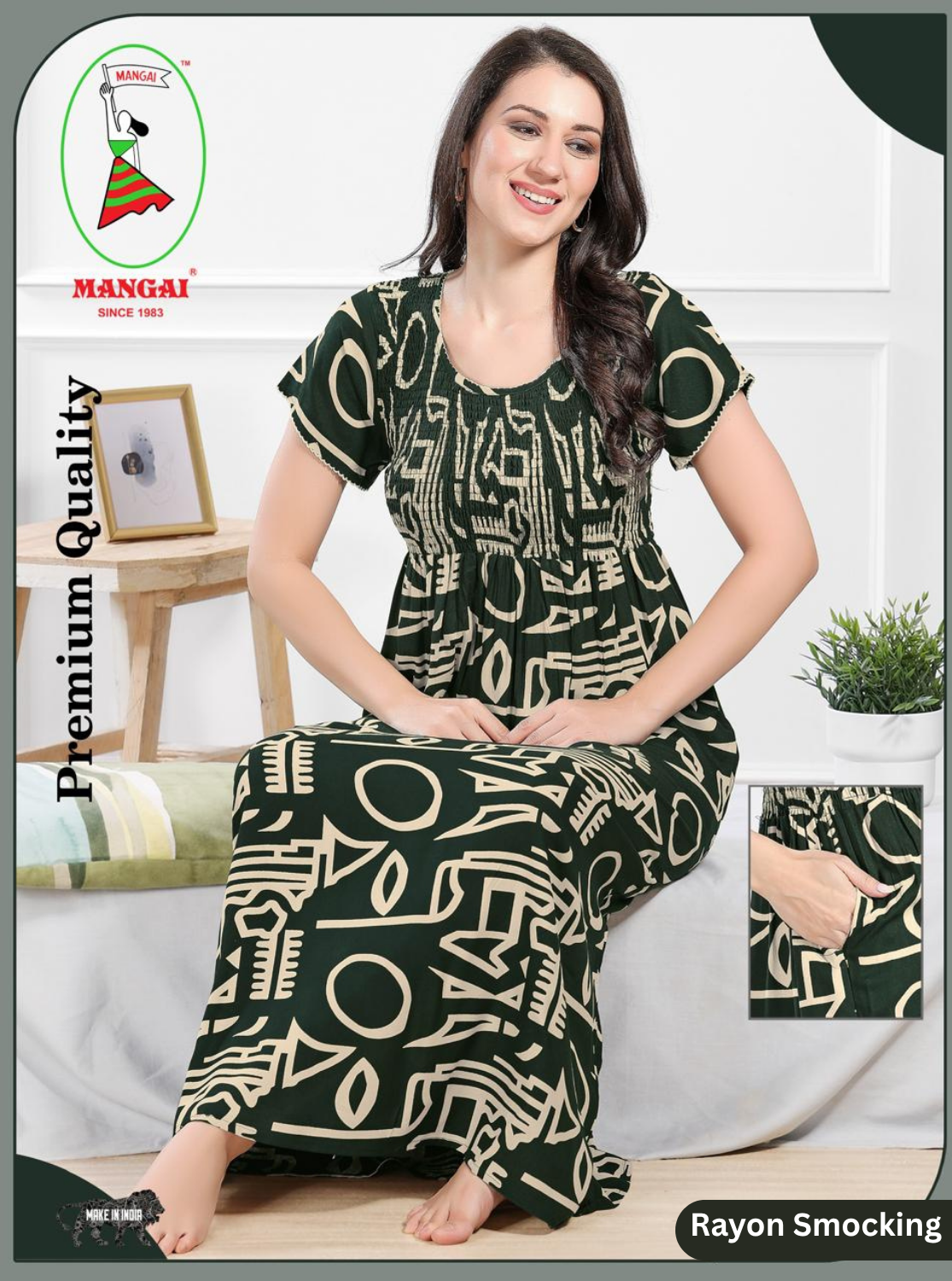 MANGAI Premium RAYON Smocking Nighty | Beautiful Pleated Design | Side Pocket | Stylish Nighty for Trendy Women's | Your Perfect Nightwear Collection's (RYS)