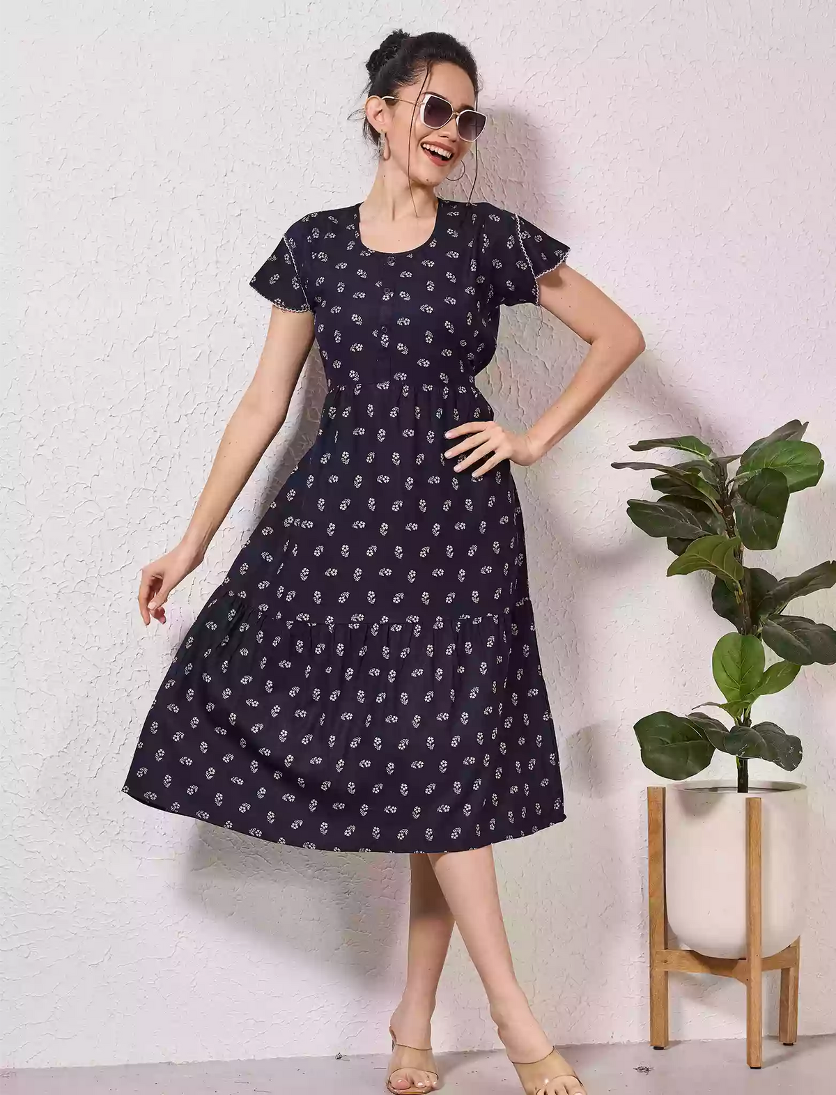Alpine Petal Sleeve Maxi Round Neck with Back Tie - Mangai Nighties