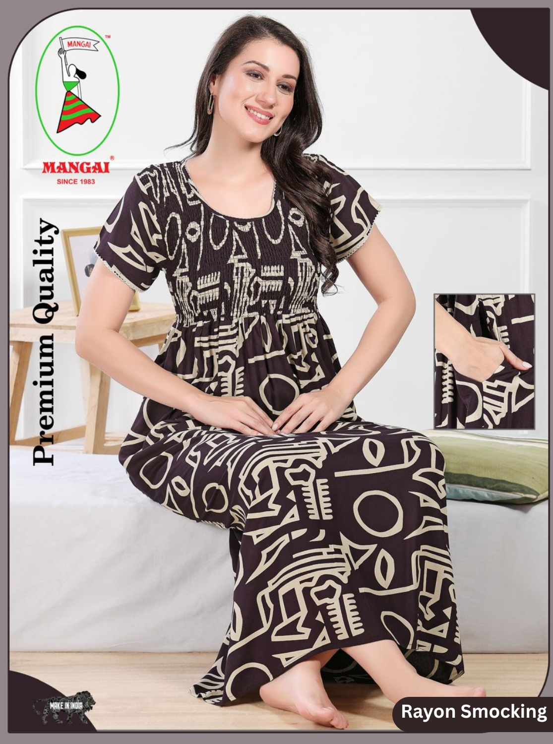 MANGAI Premium RAYON Smocking Nighty | Beautiful Pleated Design | Side Pocket | Stylish Nighty for Trendy Women's | Your Perfect Nightwear Collection's (RYS)