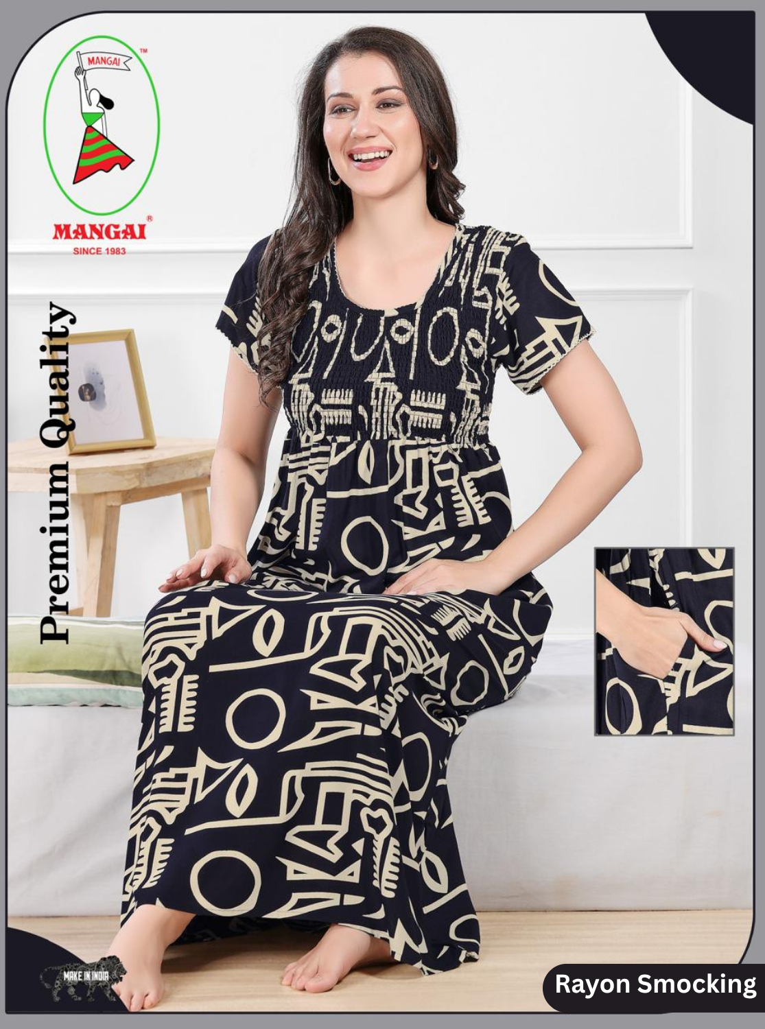 MANGAI Premium RAYON Smocking Nighty | Beautiful Pleated Design | Side Pocket | Stylish Nighty for Trendy Women's | Your Perfect Nightwear Collection's (RYS)