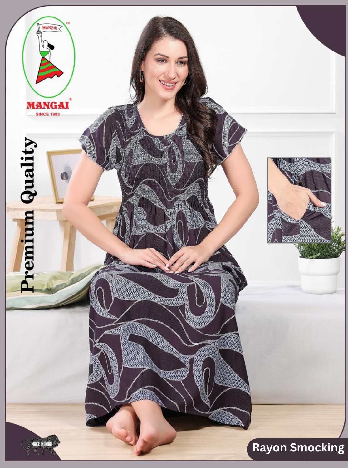 MANGAI Premium RAYON Smocking Nighty | Beautiful Pleated Design | Side Pocket | Stylish Nighty for Trendy Women's | Your Perfect Nightwear Collection's (RYS)