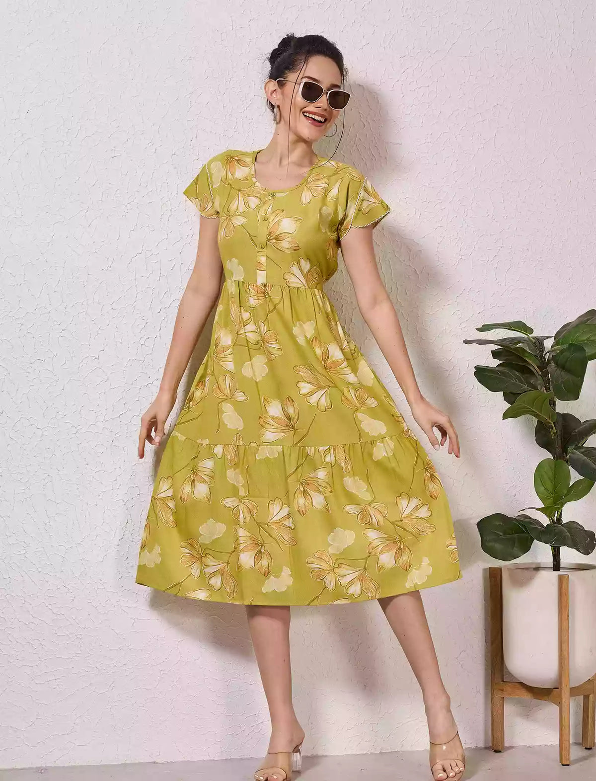 Alpine Petal Sleeve Floral Printed Maxi Dress Side Pocket - Mangai Nighties