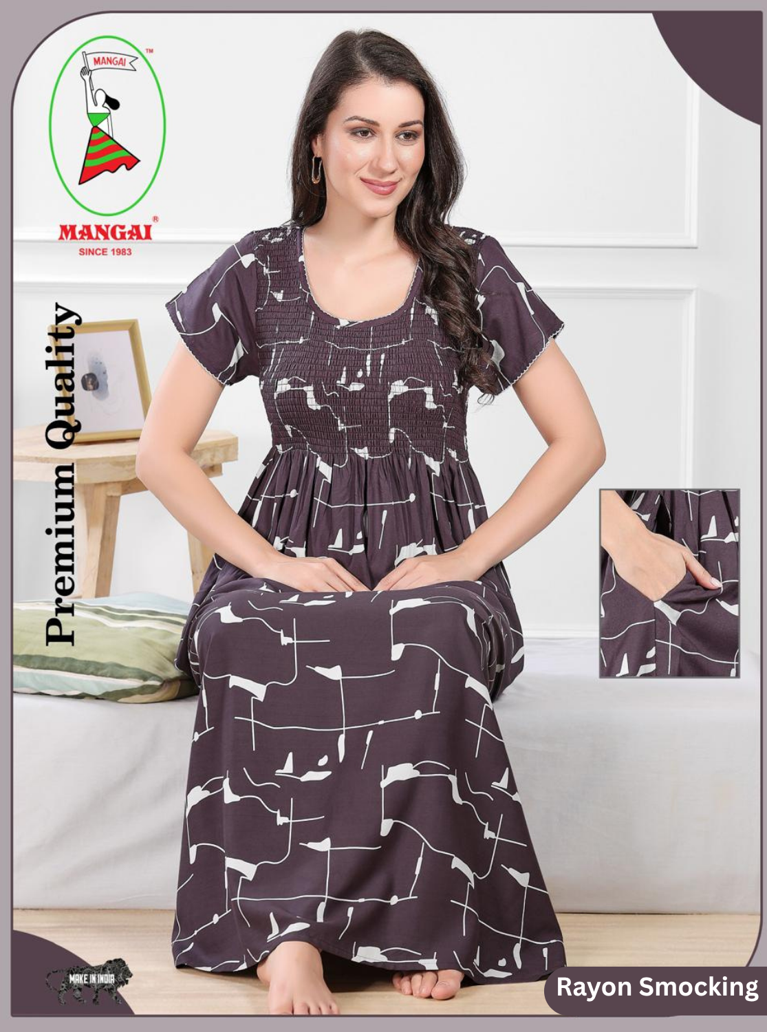 MANGAI Premium RAYON Smocking Nighty | Beautiful Pleated Design | Side Pocket | Stylish Nighty for Trendy Women's | Your Perfect Nightwear Collection's (RYS)
