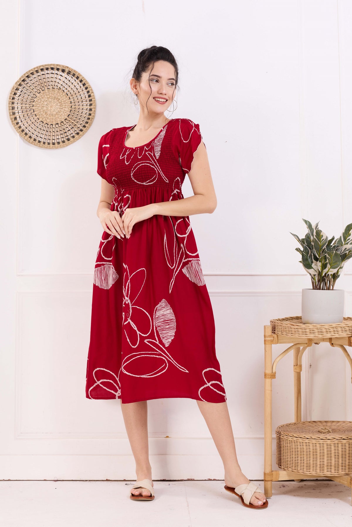 MANGAI Premium Rayon MAXI Frock Smocking Night Gown | Stretchable & Comfort Fit | Fancy Pleated Style with Side Pocket | Round Neck Nightwear for Stylish Women (SRM)