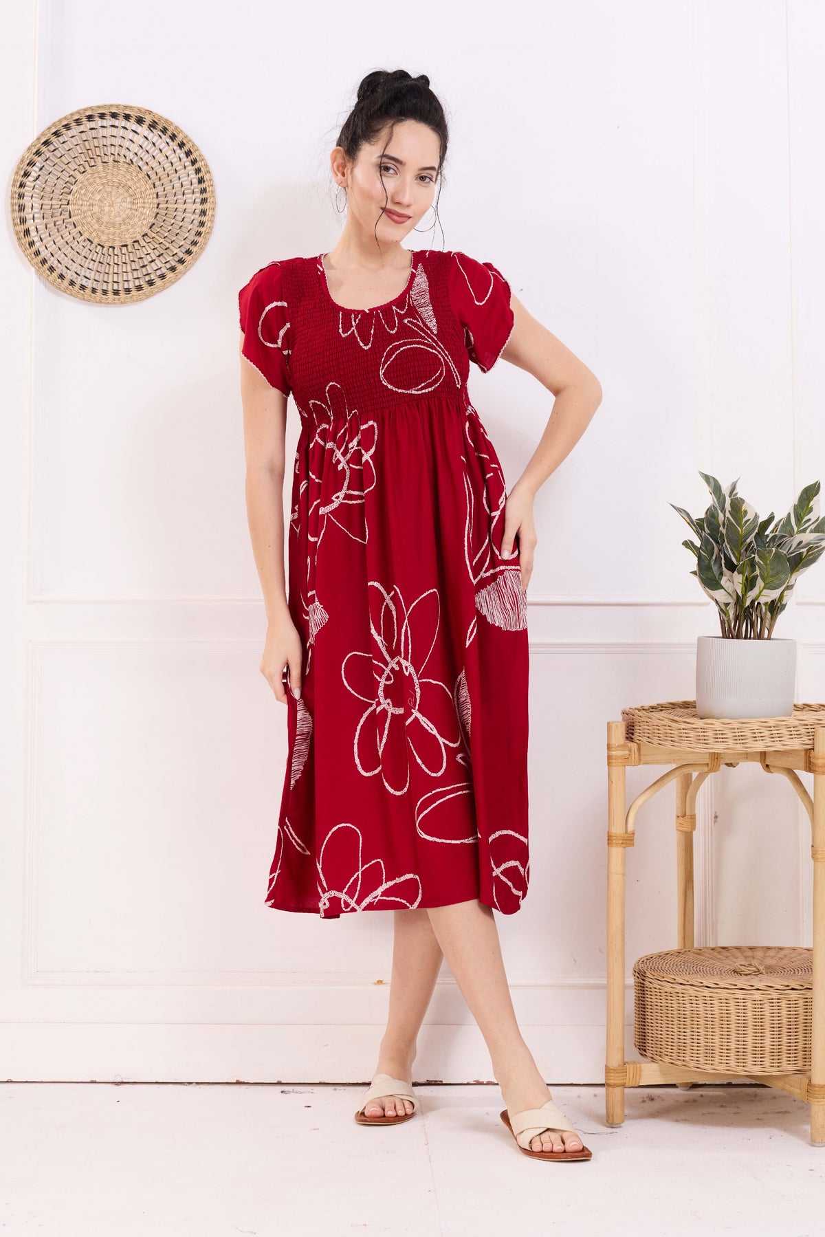 MANGAI Premium Rayon MAXI Frock Smocking Night Gown | Stretchable & Comfort Fit | Fancy Pleated Style with Side Pocket | Round Neck Nightwear for Stylish Women (SRM)