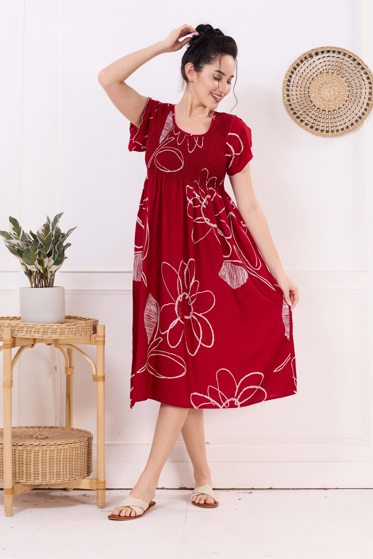 MANGAI Premium Rayon MAXI Frock Smocking Night Gown | Stretchable & Comfort Fit | Fancy Pleated Style with Side Pocket | Round Neck Nightwear for Stylish Women (SRM)