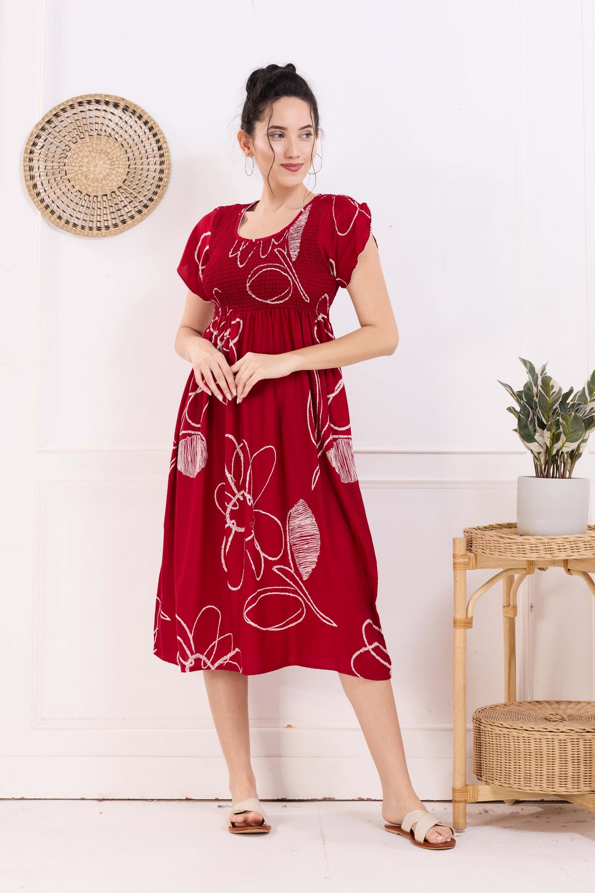 MANGAI Premium Rayon MAXI Frock Smocking Night Gown | Stretchable & Comfort Fit | Fancy Pleated Style with Side Pocket | Round Neck Nightwear for Stylish Women (SRM)