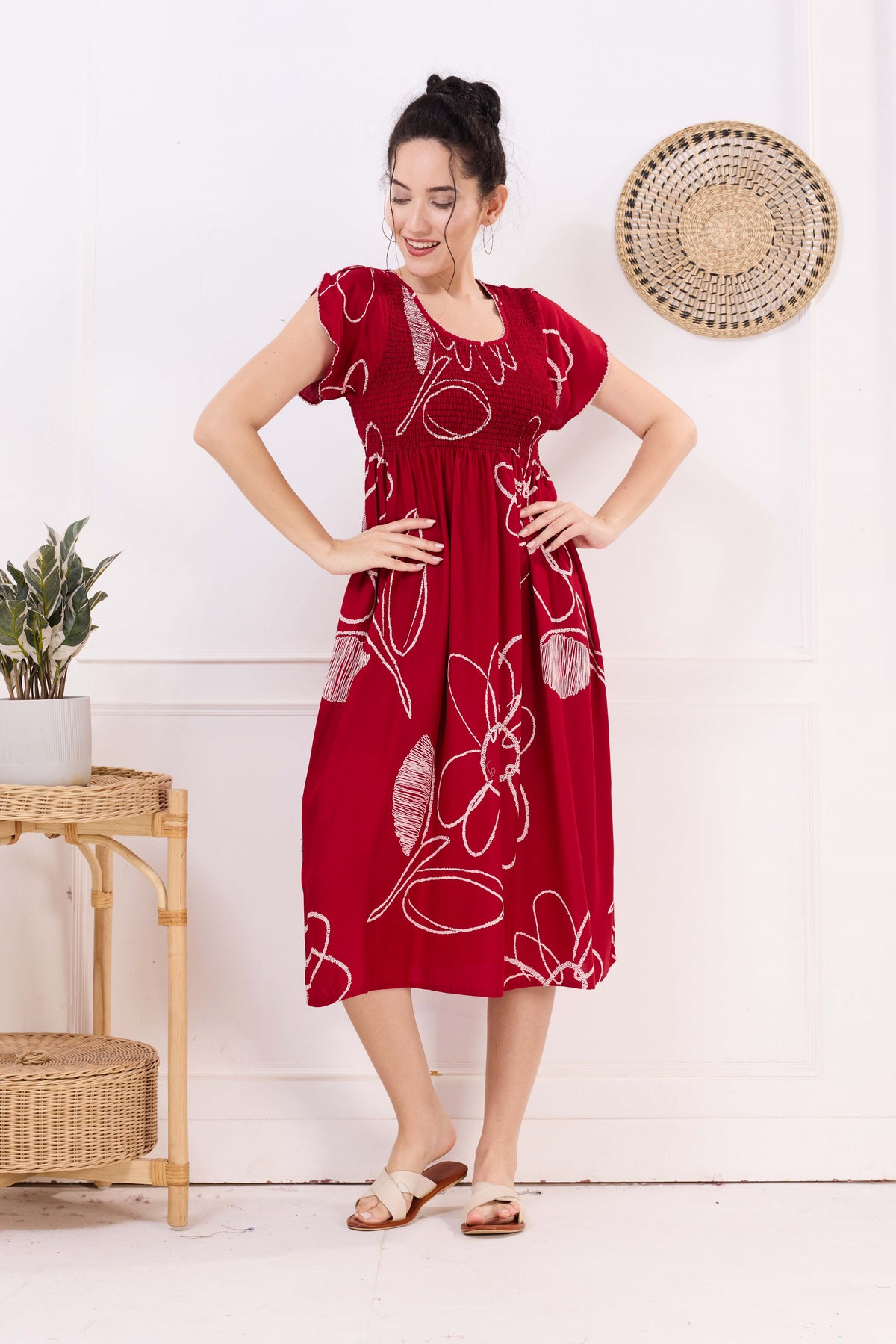 MANGAI Premium Rayon MAXI Frock Smocking Night Gown | Stretchable & Comfort Fit | Fancy Pleated Style with Side Pocket | Round Neck Nightwear for Stylish Women (SRM)